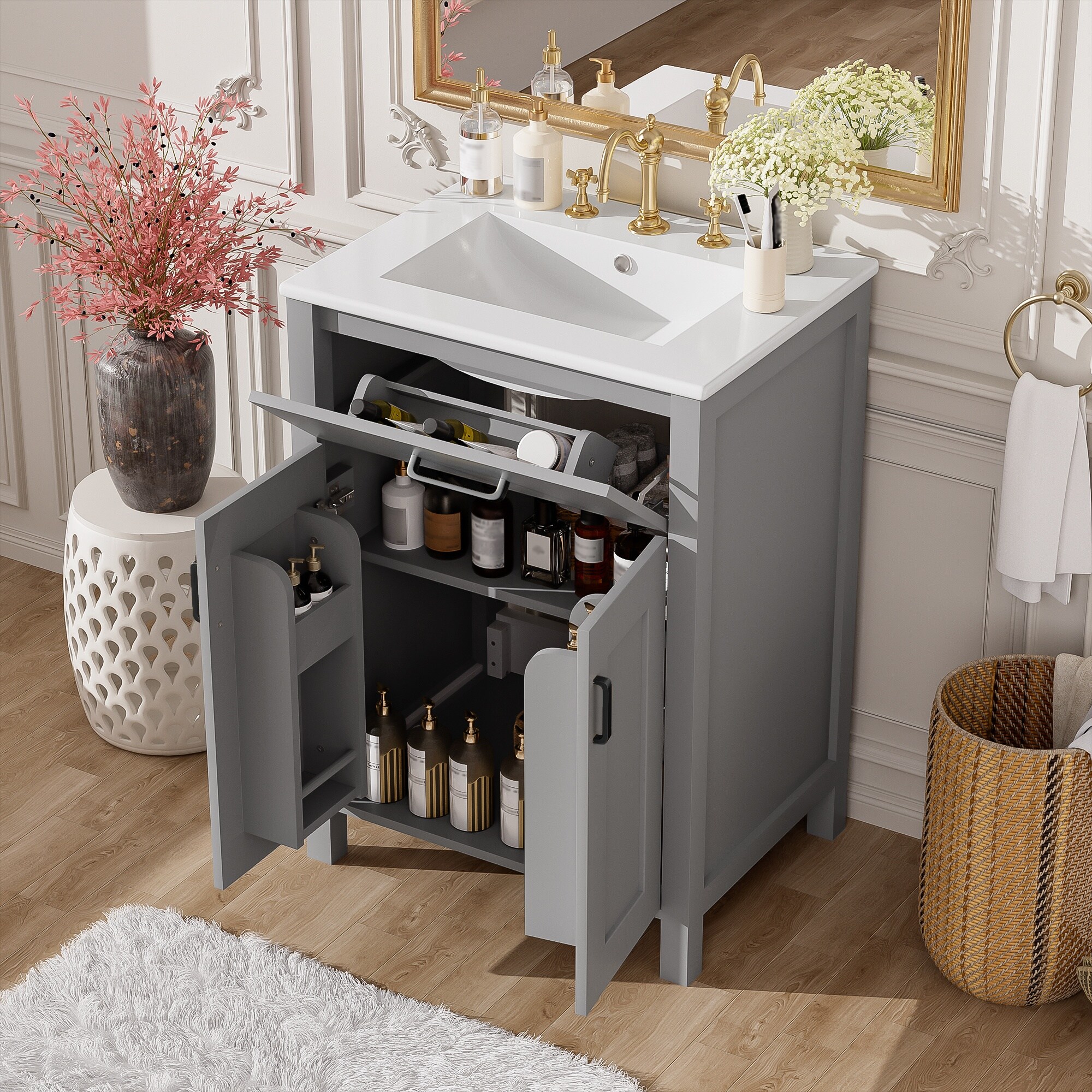 HyperDrop Cart 24 Inch Bathroom Vanity Combo with Ceramic Sink Luxurious Space Saving Vanity W24xD18xH34 Inch 2 Soft Close Doors