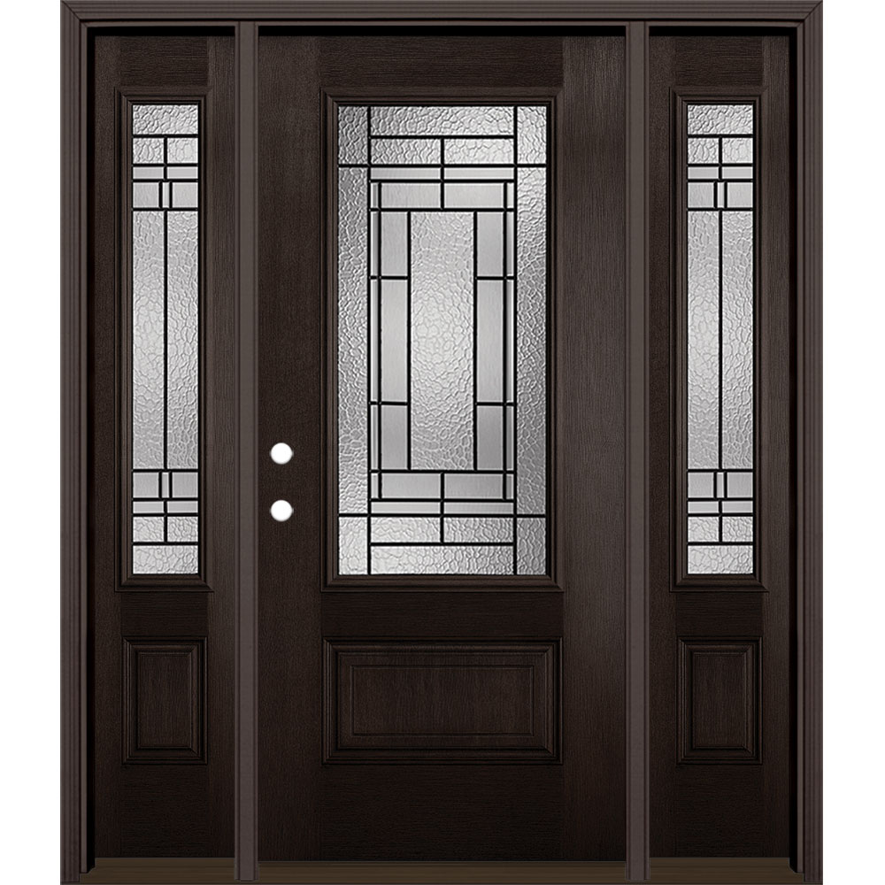 Masonite 1328130 Pembrook 64-in x 80-in Fiberglass 3/4 Lite Right-Hand Inswing Walnut Stained Prehung Single Front Door with Sidelights with Brickmould Insulating Core