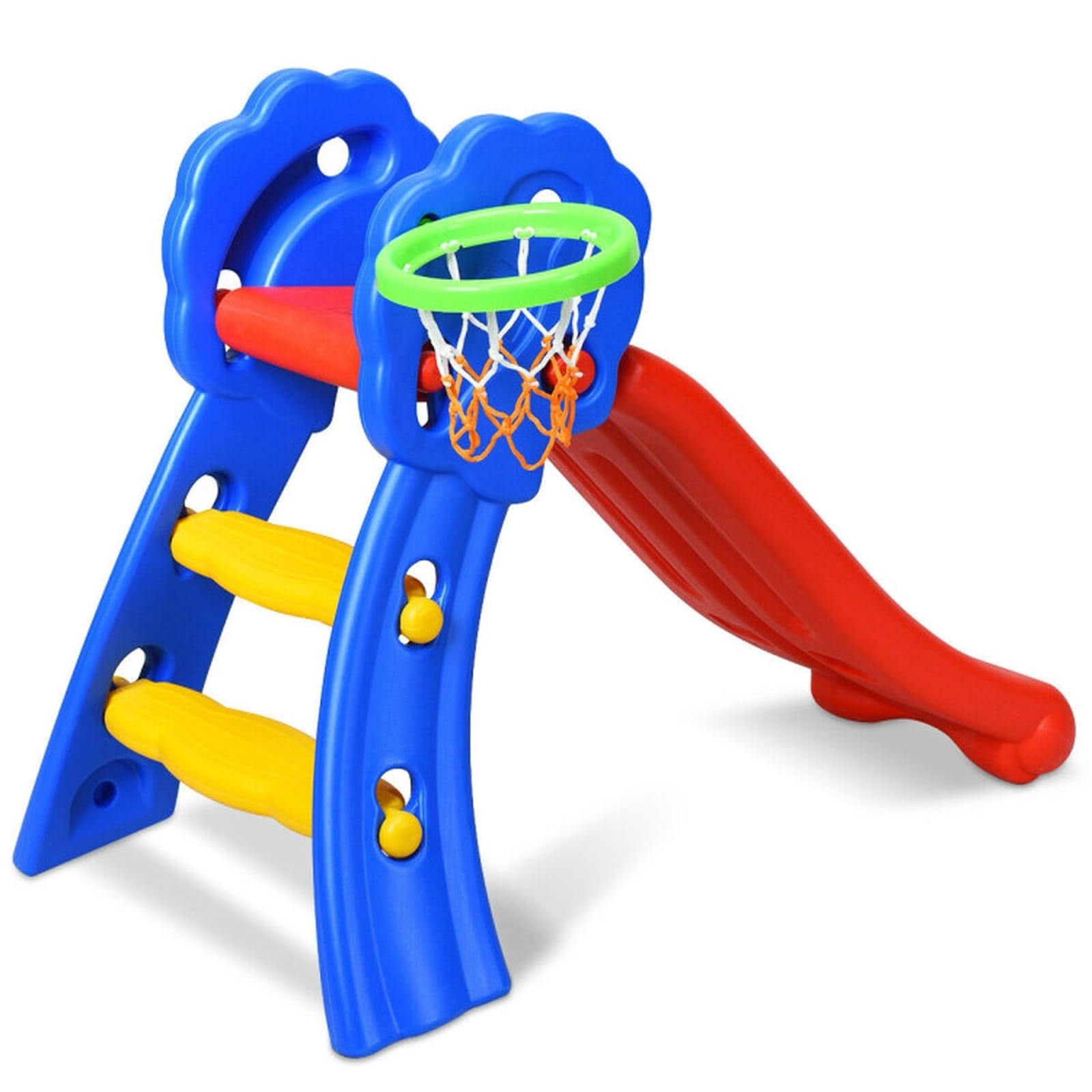 SUGIFT 42.5-in L HDPE Kids 2-Step Folding Slide with 8.5-in Basketball Hoop for Ages 3-8 110-lb Capacity