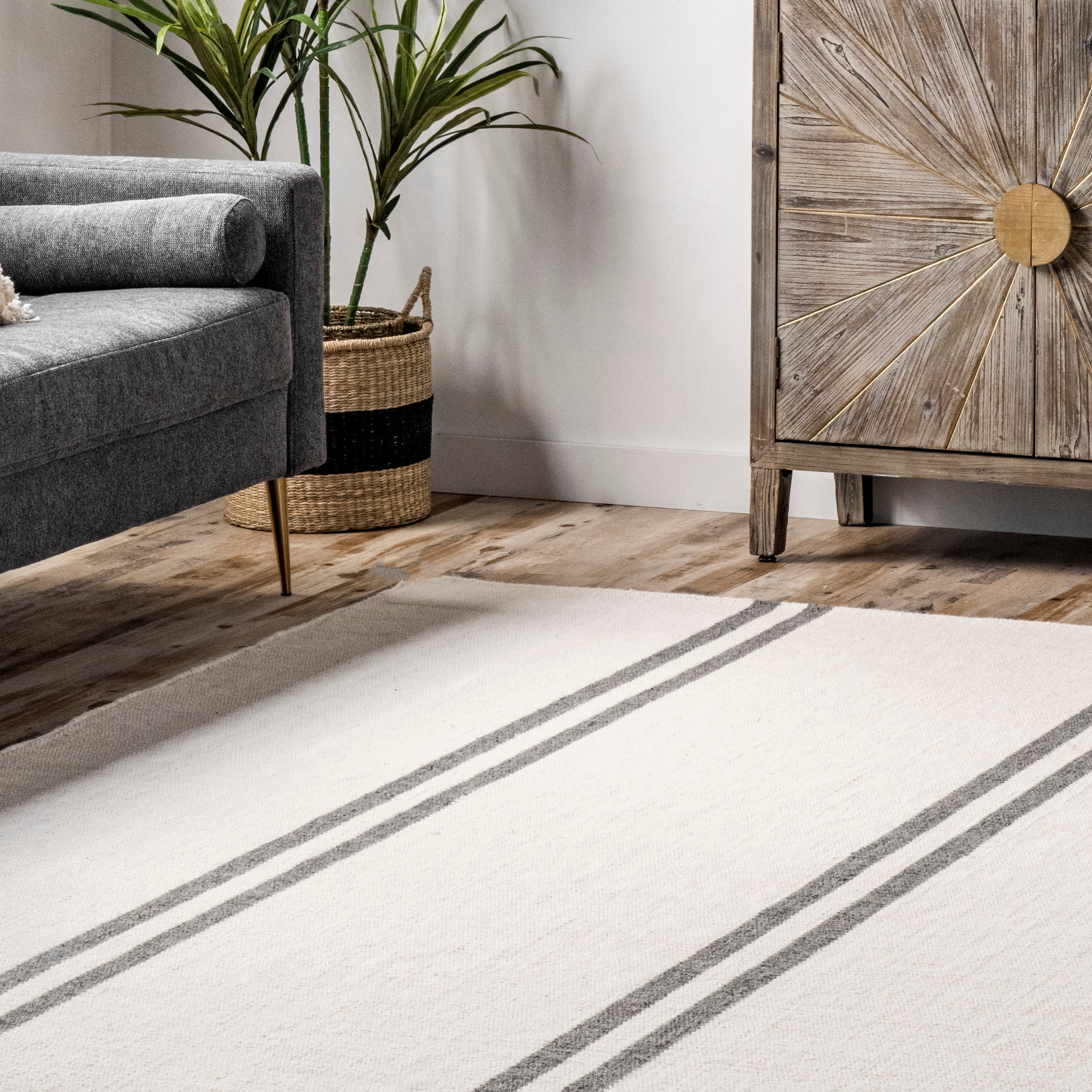 Ivory and Gray Striped Wool 4' x 6' Flat Woven Rug