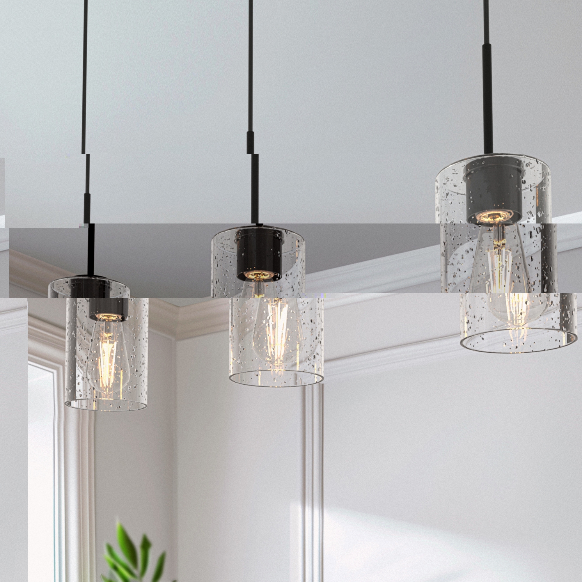 YANSUN LA-ZY-IP18101CBL-11 3 -Light Black Modern/contemporary Seeded glass Cylinder Large Hanging Kitchen island light