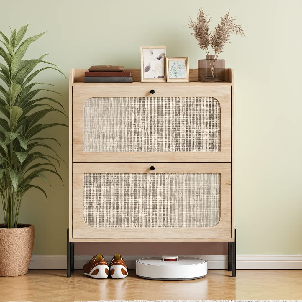 Ama Pear Black Oak Shoe Cabinet with Flip Drawers Adjustable Shelves Entryway