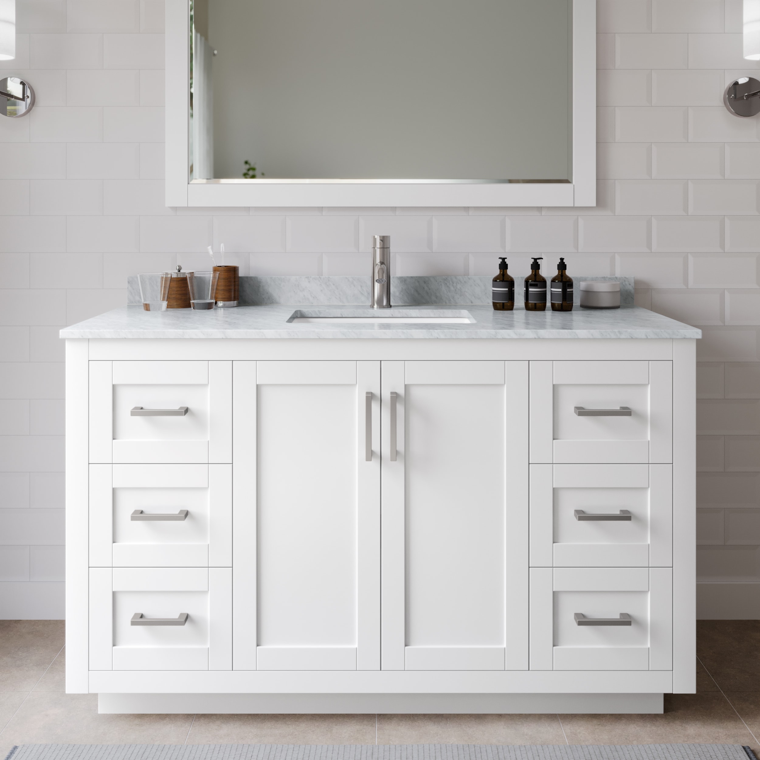 Wyndham Collection WCF292954SWHCMUNSMXX Miranda 54-in White with Brushed Nickel Trim Undermount Single sink Bathroom Vanity with White Carrara Marble Marble Top