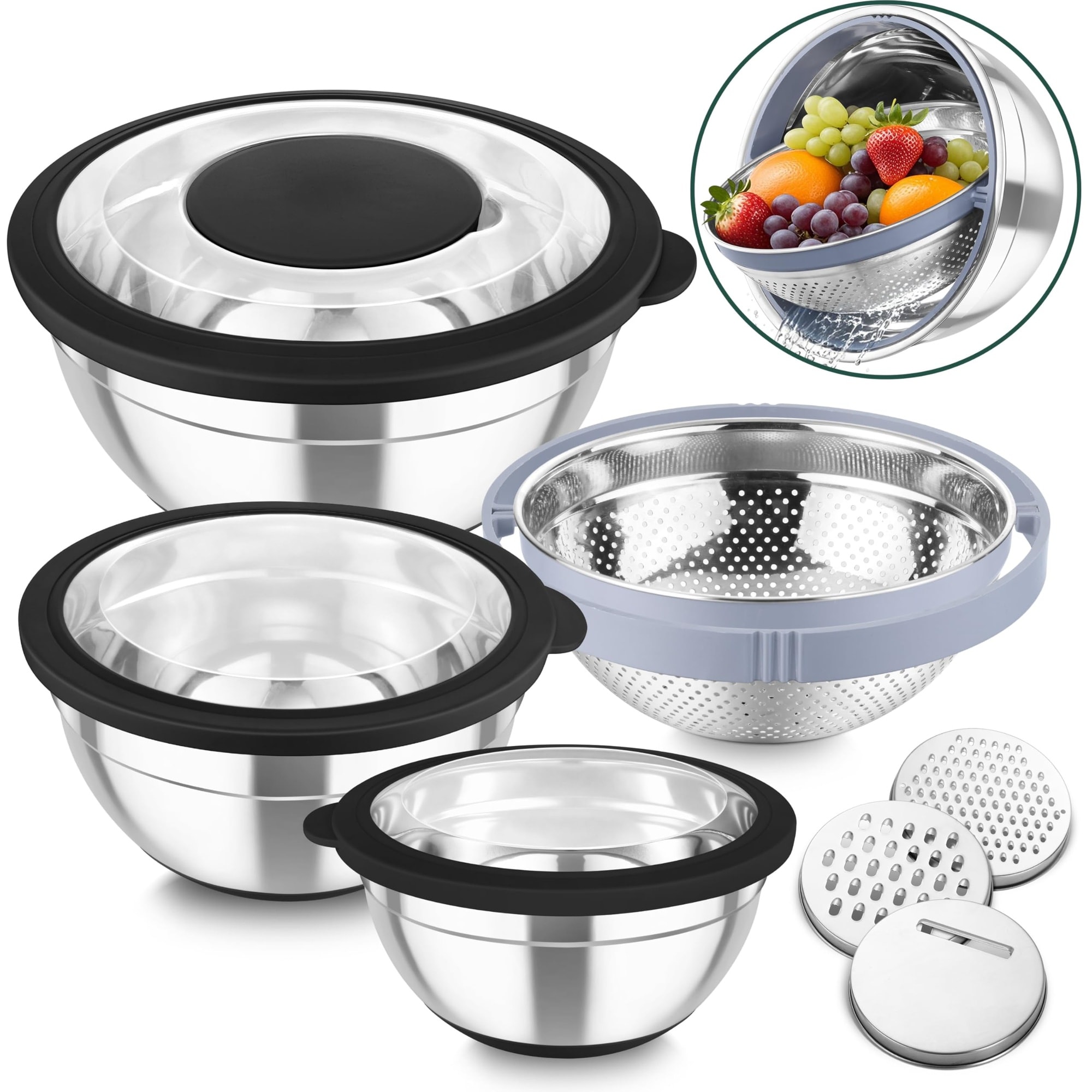 Vrbgify  Stainless Steel Mixing Bowls with Rotatable Colander Set Nesting Salad Bowls with Lids and Graters Non Slip Bottom Dishwasher Safe