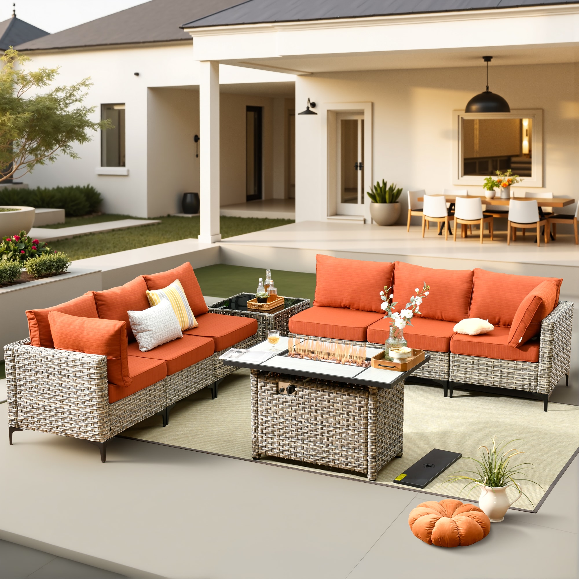Pouuin RFPSKT808 Wicker Outdoor Sectional with Orange Cushions and Wicker Frame