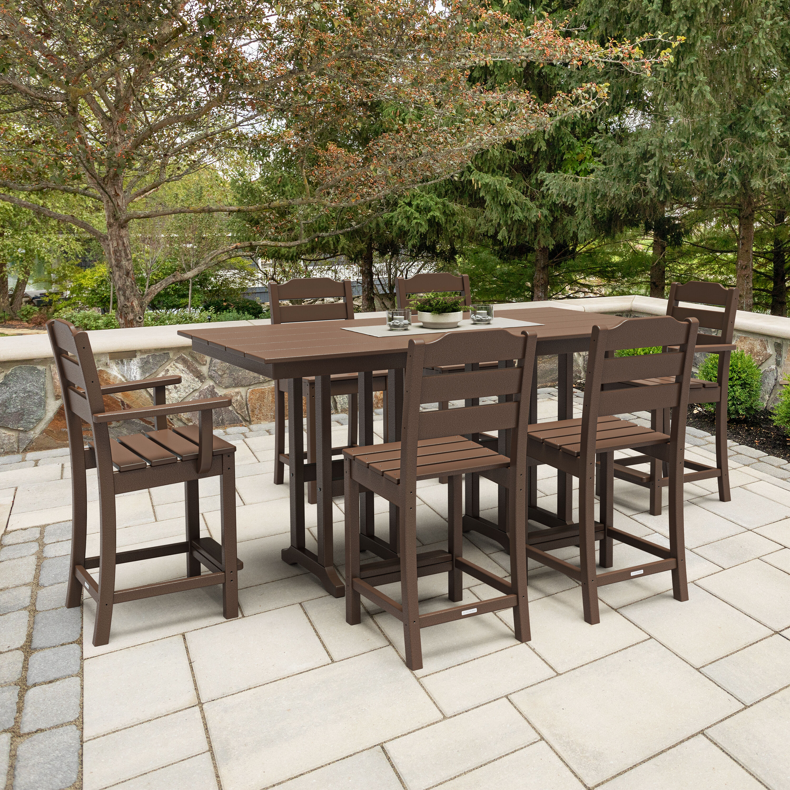POLYWOOD PWS2537-1-MA Oakport 7 -Piece Mahogany Balcony Height Patio Dining Set Plastic Rectangle Table with 6 Stationary Chairs