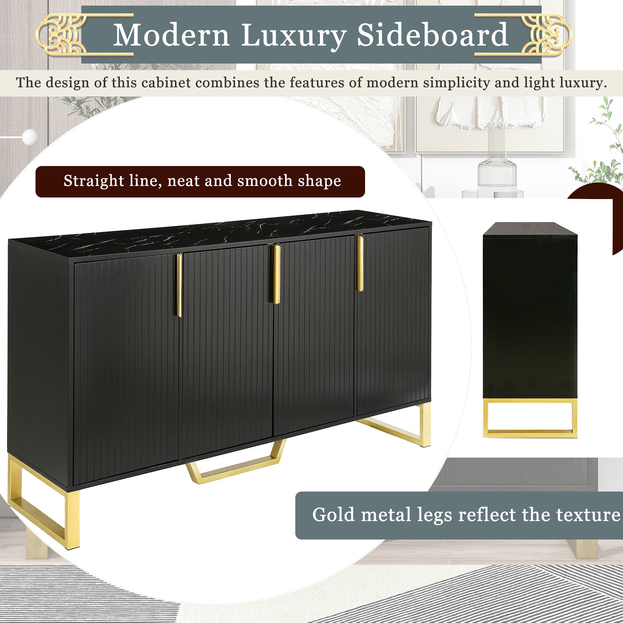 JIMSMAISON The pinstripe design on the door panel is elegant and understated, and the gold metal legs reflect the texture, the design of this cabinet combines the features of modern simplicity and light luxury