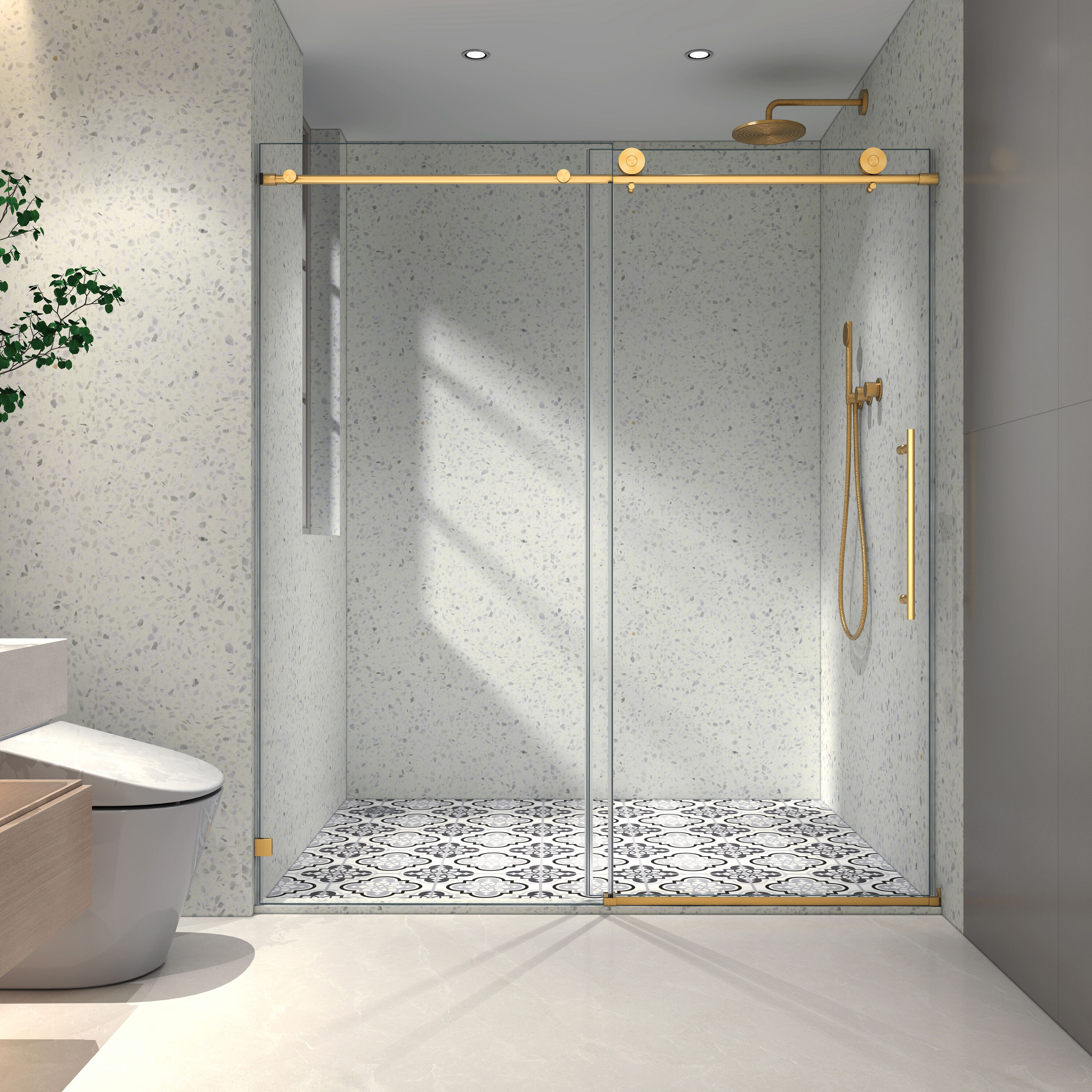LOVMOR SF-H-W2517P180213 Brushed Gold Frameless One Fixed and One Shifted Shower Door 70MM 304 Stainless Steel Large Pulleys with Adjustable Soft Closing Function