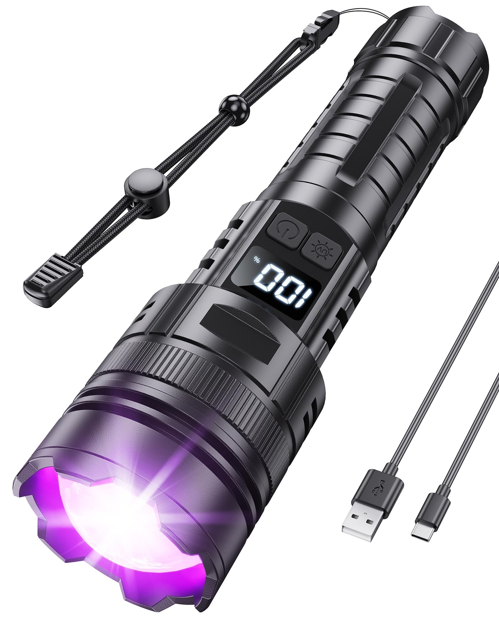 Justincity  Rechargeable Flashlight with 365nm UV Light and High Lumen White Beam LCD Display Zoomable 6 Modes 1 Piece for Pet Stain Detection Camping Emergency