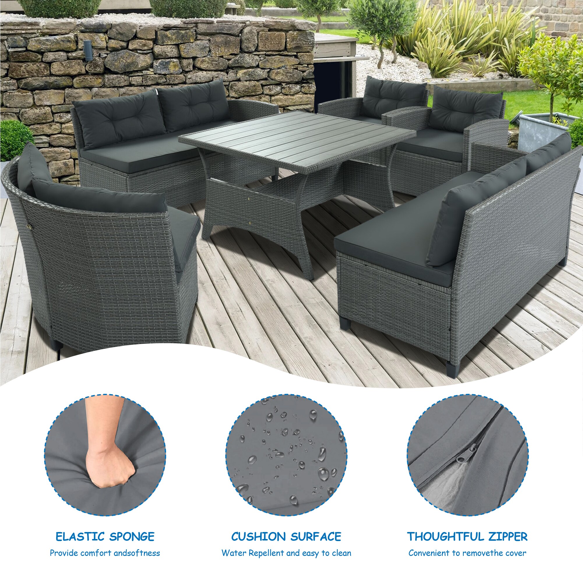 Azoriah Wicker 7 - Person Oversized Armrest Outdoor Seating Group with Storage Latitude Run Cushion Color: Navy Blue