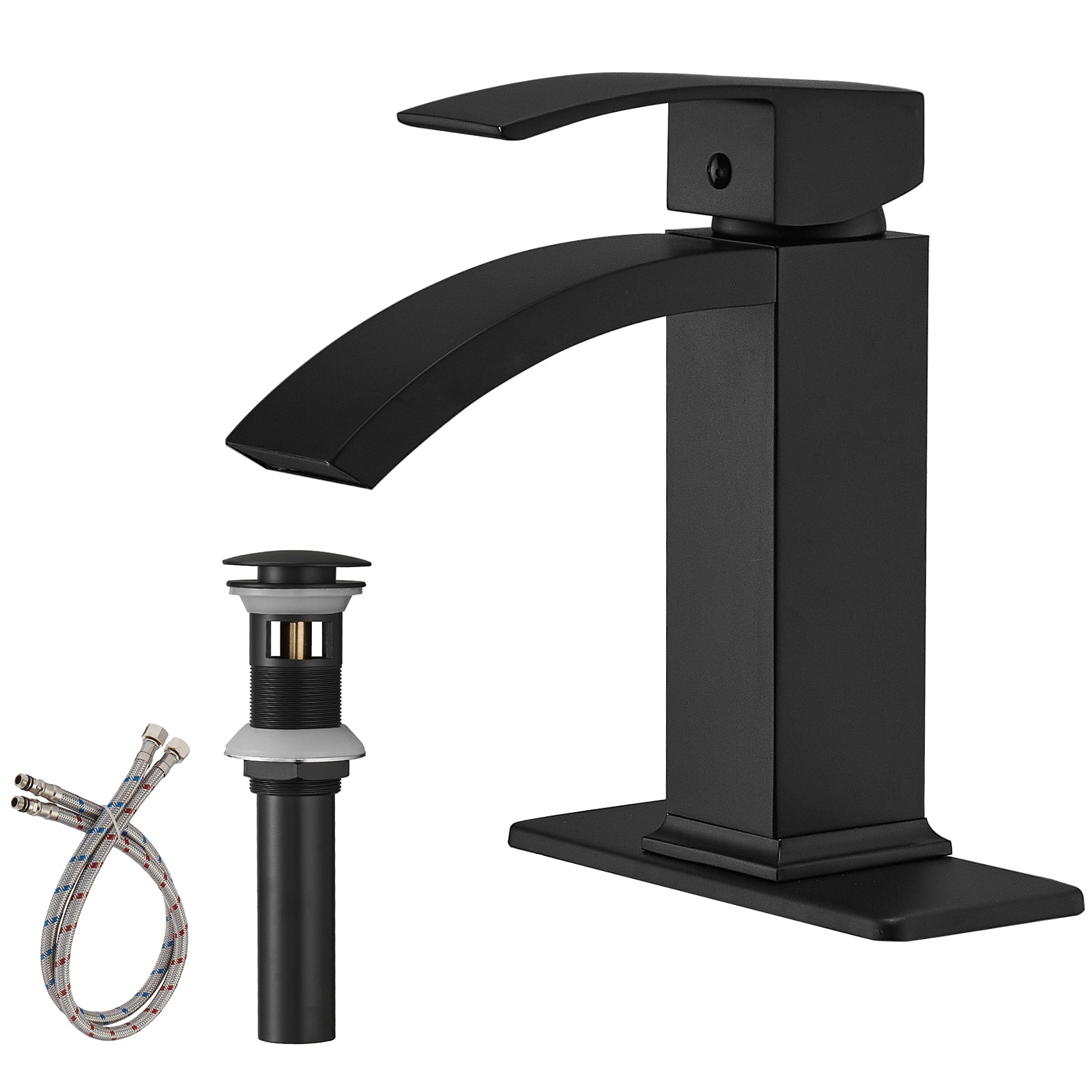 BWE A-96026-B Matte Black Single hole 1-handle WaterSense Waterfall Commercial/Residential Handle Bathroom Sink Faucet with Drain with Deck Plate