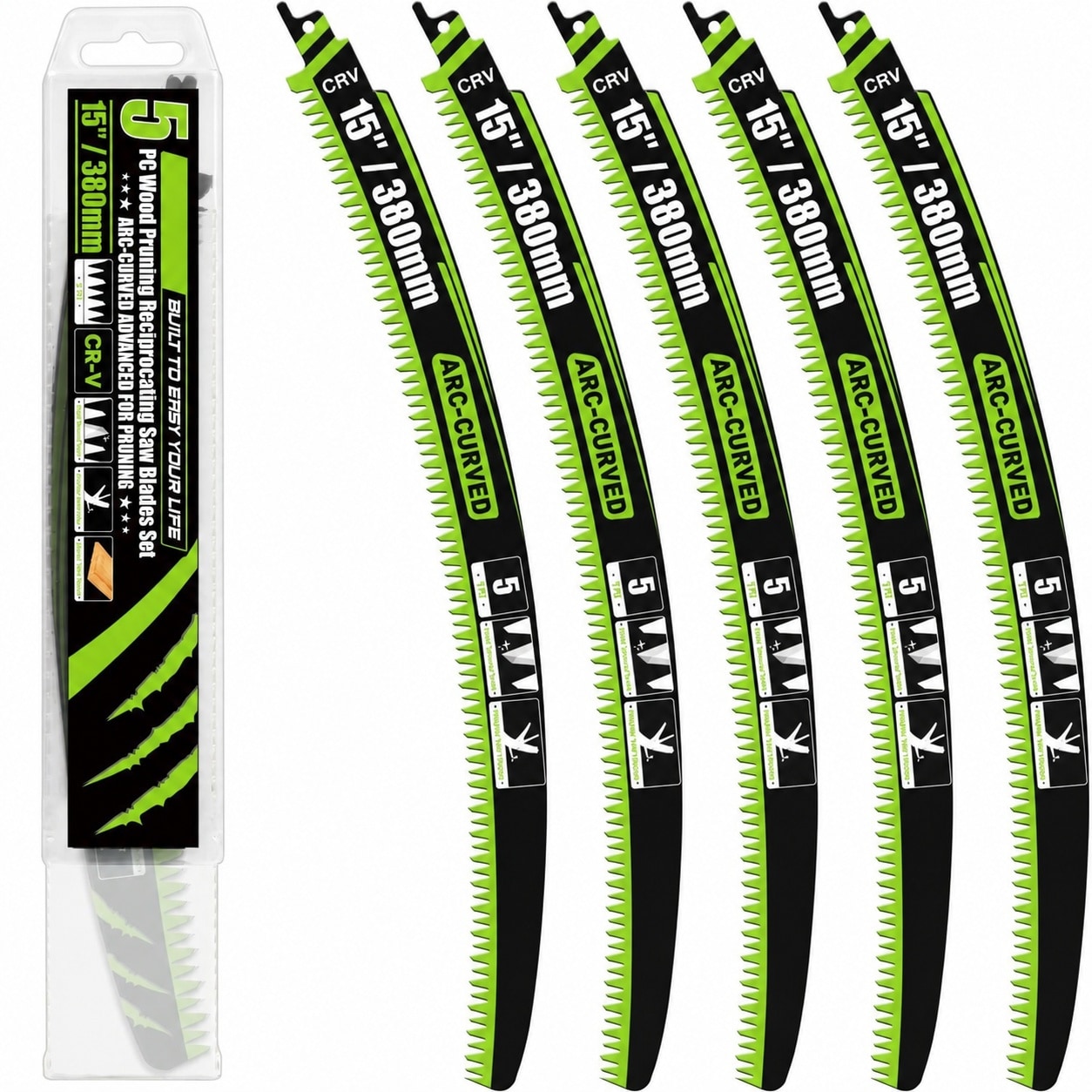 Anqtovp  15 Inch Arc Curved Reciprocating Saw Blades Set 5 pcs 5 TPI CRV Steel Universal Shank for Tree Trimming Wood Pruning Wet and Dry Wood