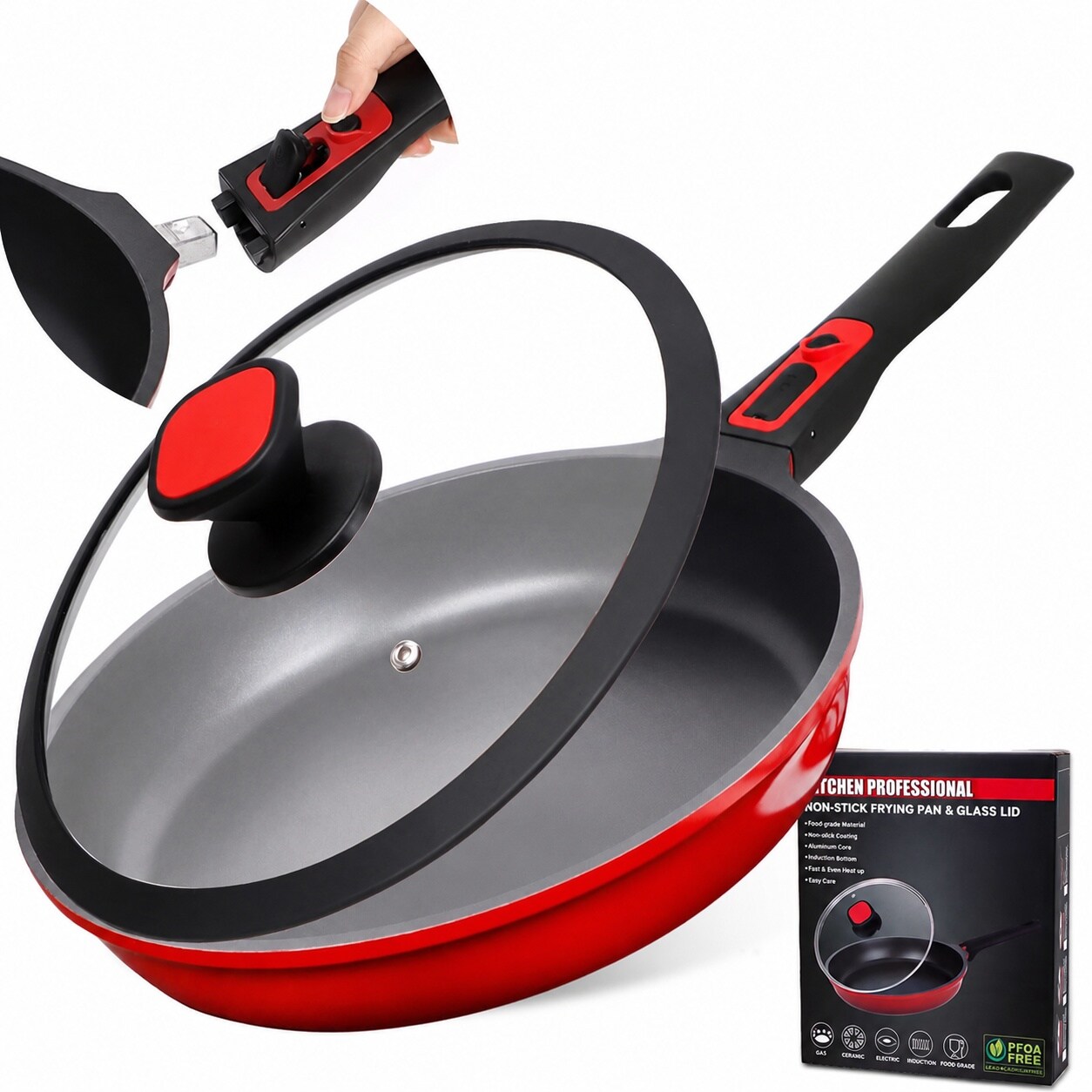 Yichuhaoxi  Nonstick Frying Pan 10 Inch Skillet with Silicone Lid Detachable Handle Oven Safe Red Saute Pan for Cooking Induction Gas Electric