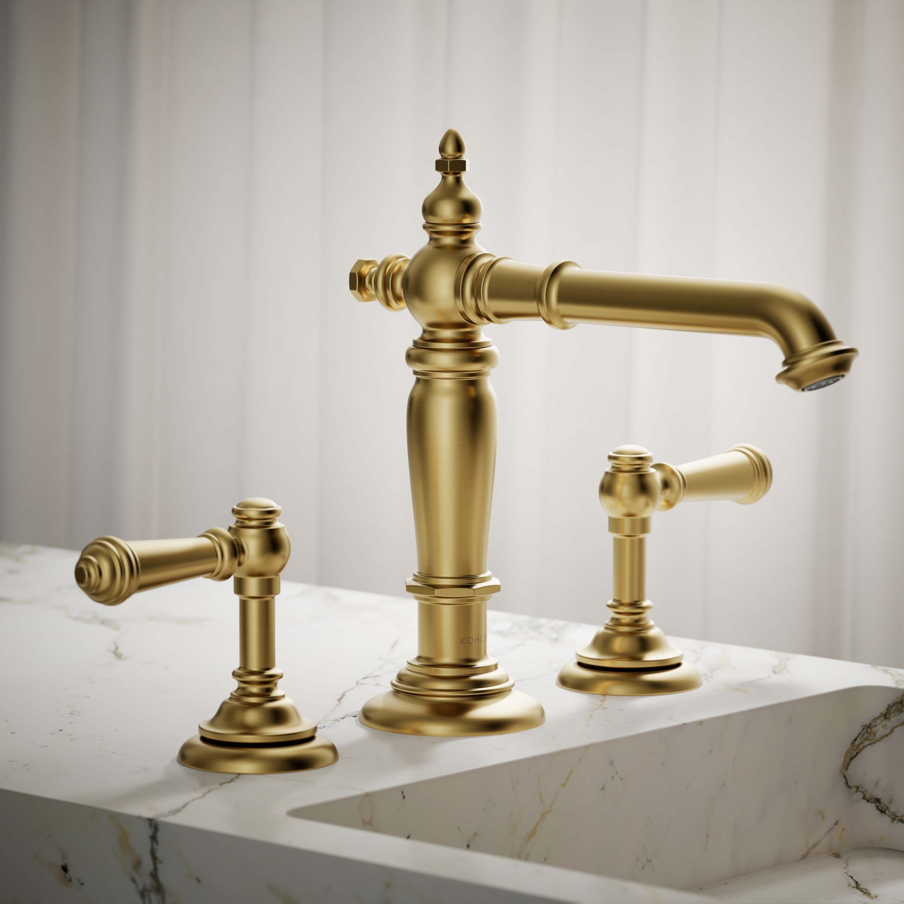 KOHLER K-72760-2MB Vibrant Brushed Moderne Brass Widespread Sold separately WaterSense Low-arc Residential Handle Bathroom Sink Faucet with Drain