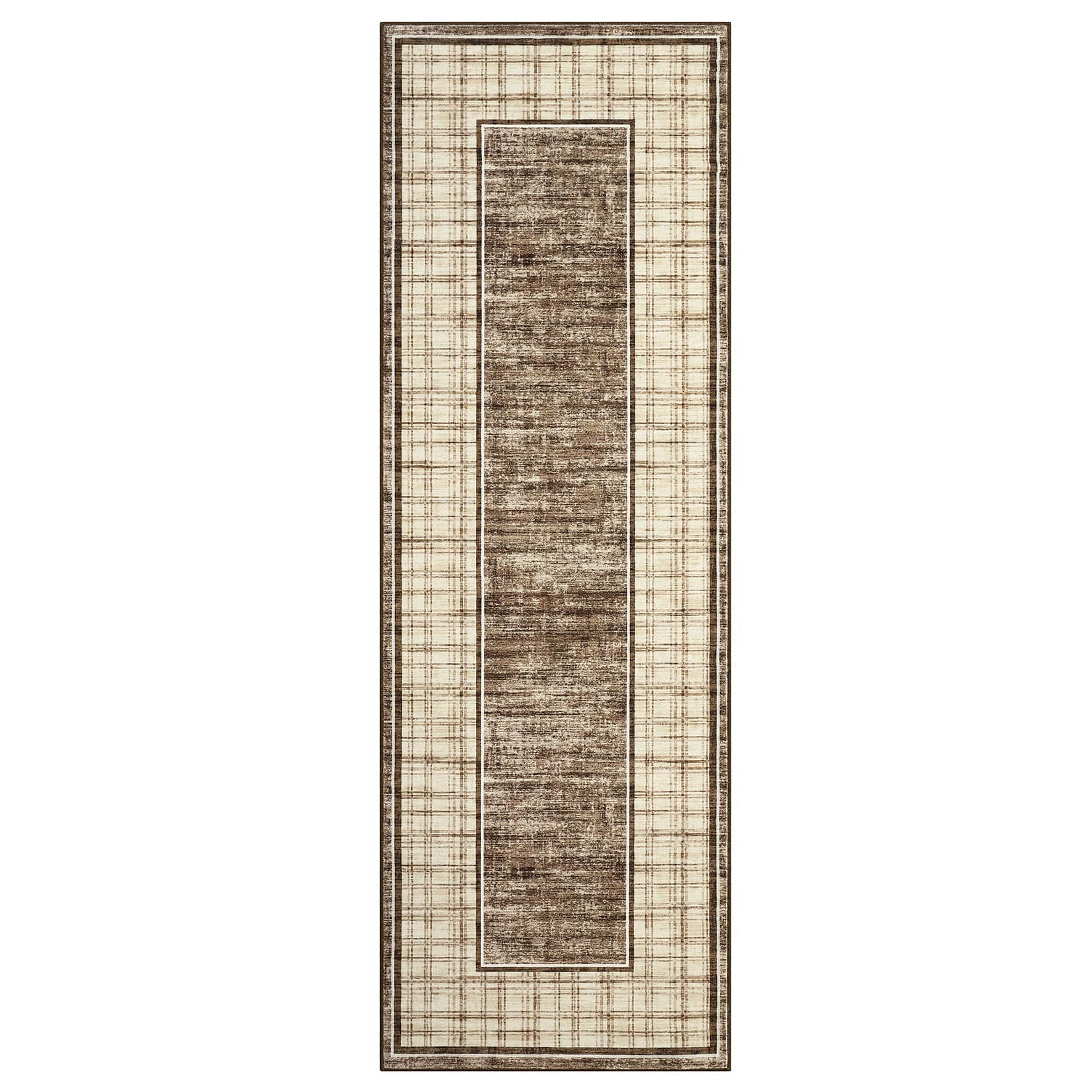 Qeetex LSN-PHK-347NJX97 2 x 6 ft Polyester Cashmere Imitation Brown Rectangular Hallway Bathroom Entryway Kitchen Office Foldable Geometric Modern Washable Area Rug