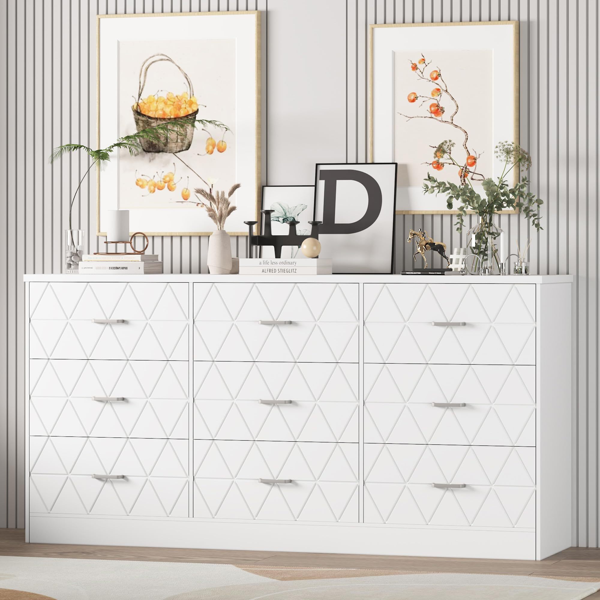 Qeetex NB-PHK33GBR64K 63 Inch 9 Drawer Dresser with Power Outlet Modern Storage Organizer for Bedroom Living Room Hallway or Office White