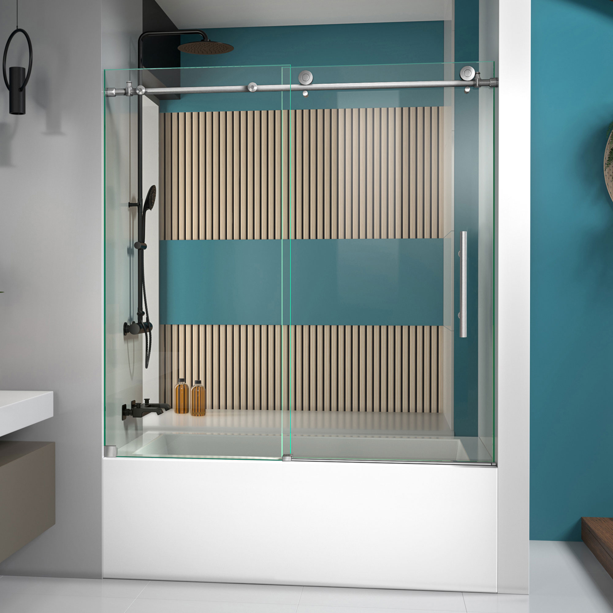 DreamLine SHDR-61606210-07 Enigma-X Brushed Stainless Steel 55-in to 59-in W x 62.0-in H Frameless Sliding Bathtub door