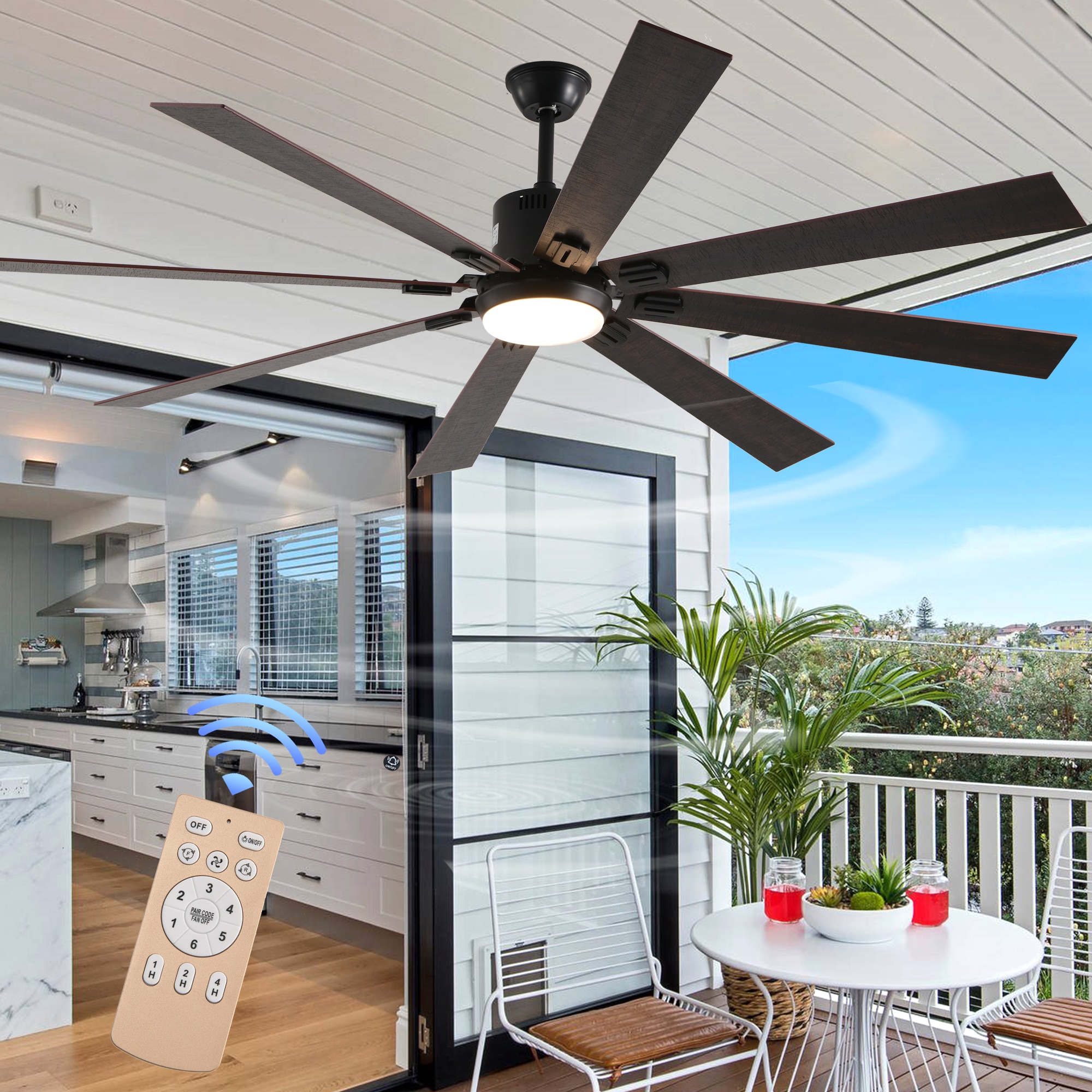 Sunrinx MG9-CF-19 72-in Outdoor Black with Black Blades Ceiling Fan With Light and Remote ( 8 -Blade )