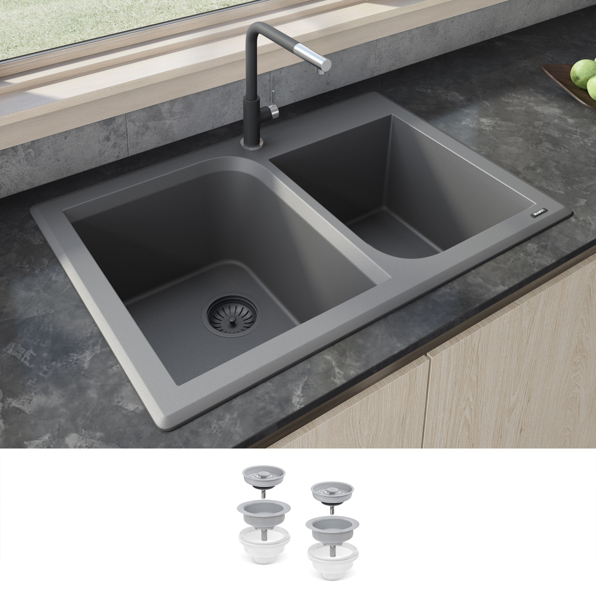Ruvati RVG1396GR epiGranite Drop-in or undermount 33-in x 22-in Granite Double offset bowl 4-Hole Kitchen Sink