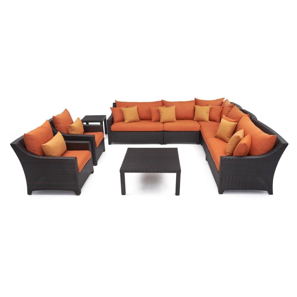 RST Brands OP-PESS9-TKA-K Deco 9-Piece Wicker Patio Sofa Conversation Set with Orange Sunbrella Cushions