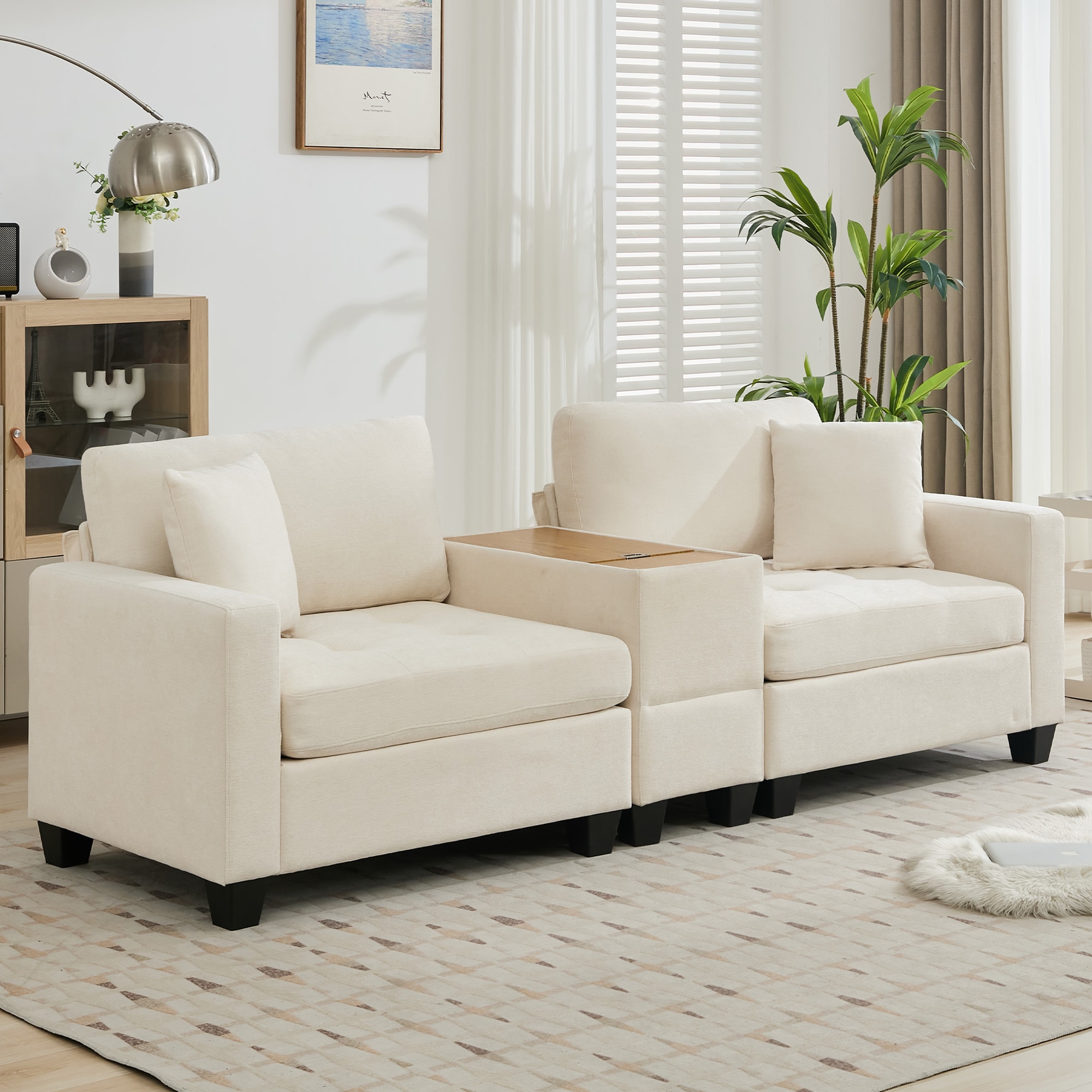 VOUA SAF-HNBYZ-BL 97.64-in Casual Beige Chenille Sectional arm with tablet