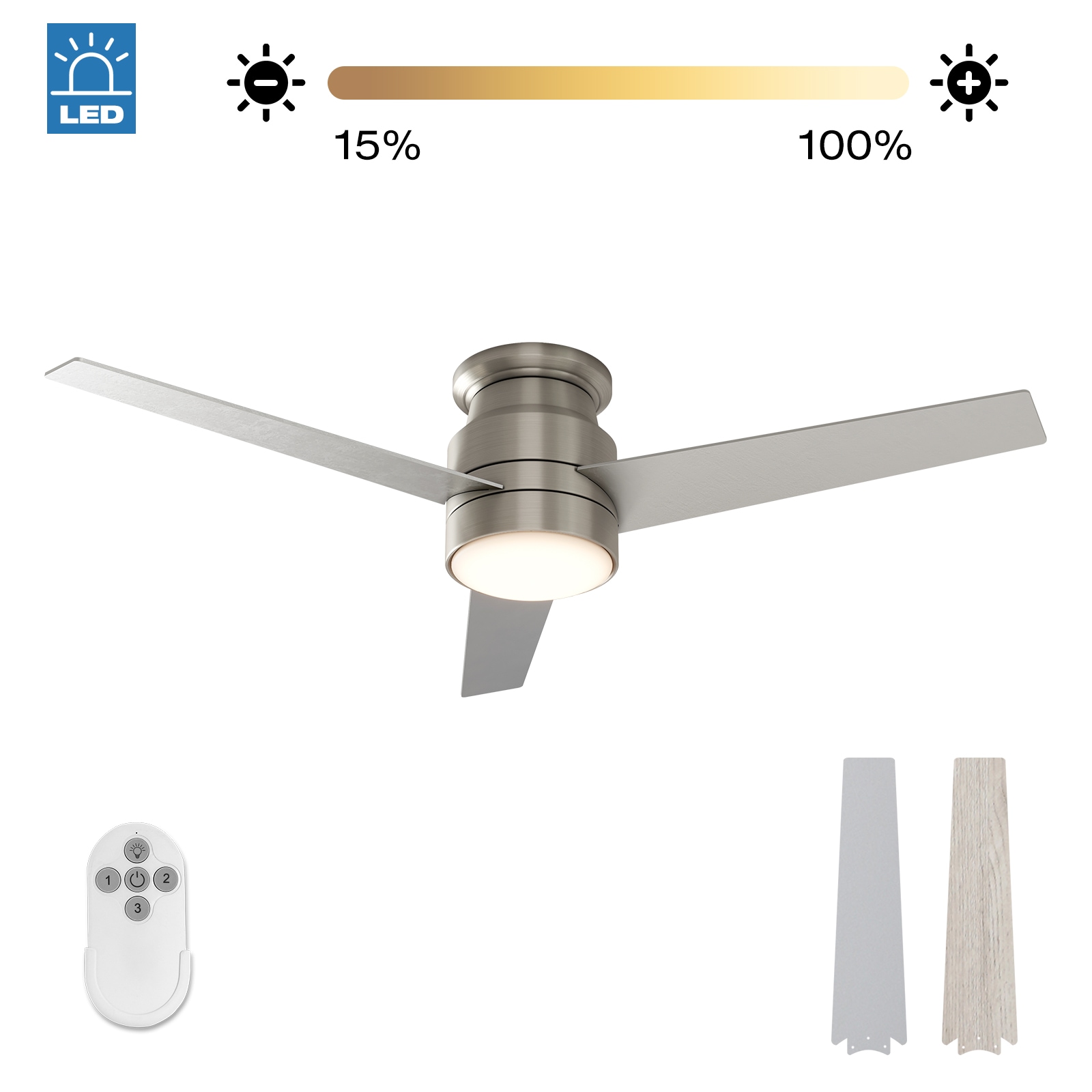 Warmiplanet WICF06 Noble 52-in Integrated LED Flush Mount Nickel with Wood Blades Ceiling Fan With Light - Remote Included ( 3 -Blade )