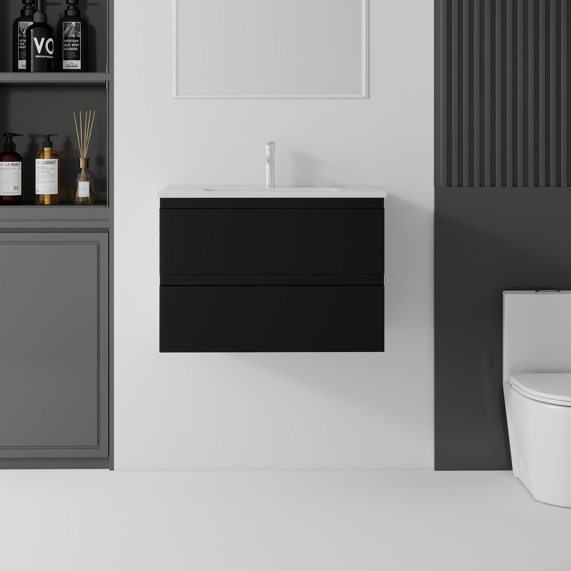 Vynxaria - 24-in Black Wall-Mount Handleless 2-Drawer Single-Sink Bathroom Vanity with Integrated...
