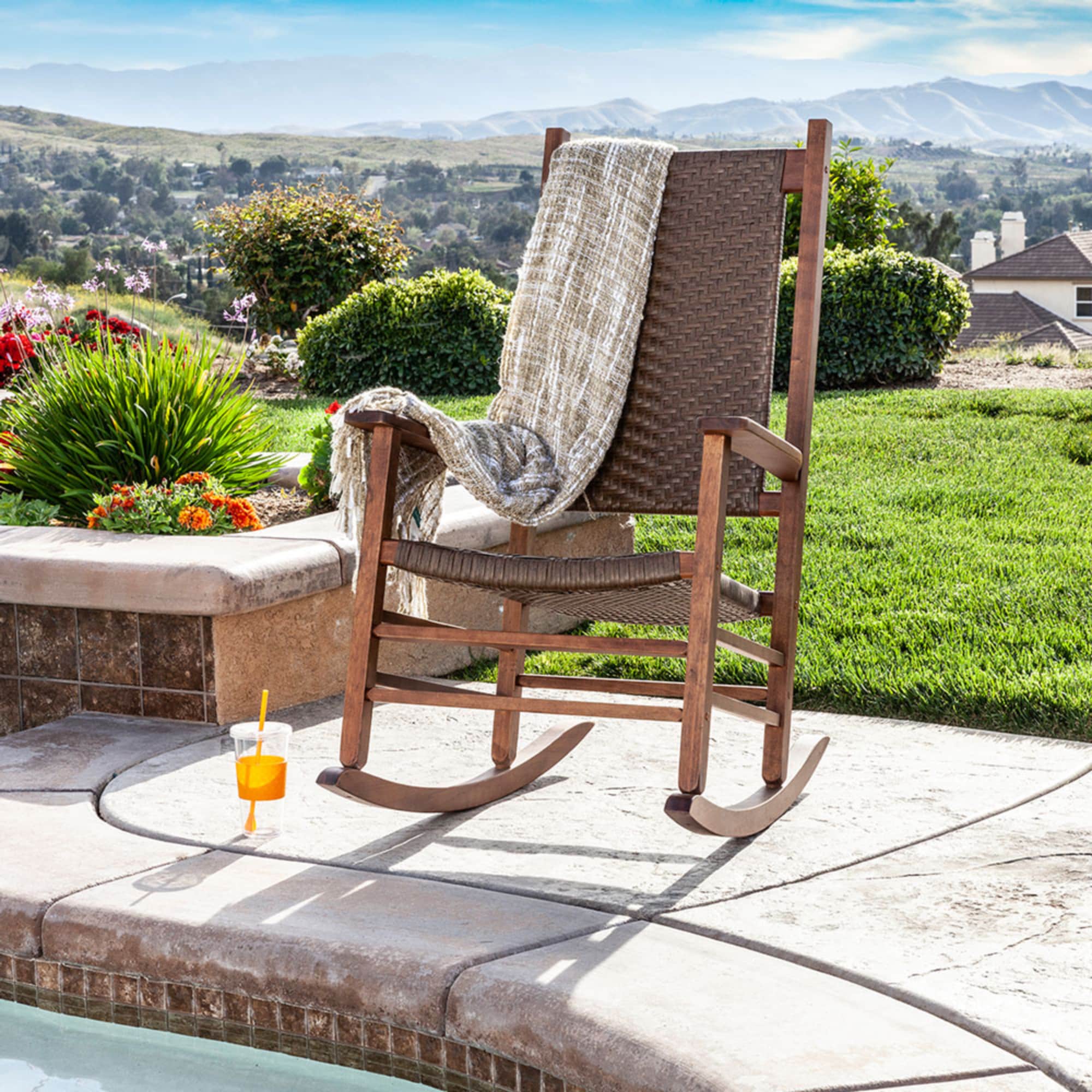 Classic Oak Wood Rocking Chair with Woven Seat in Brown