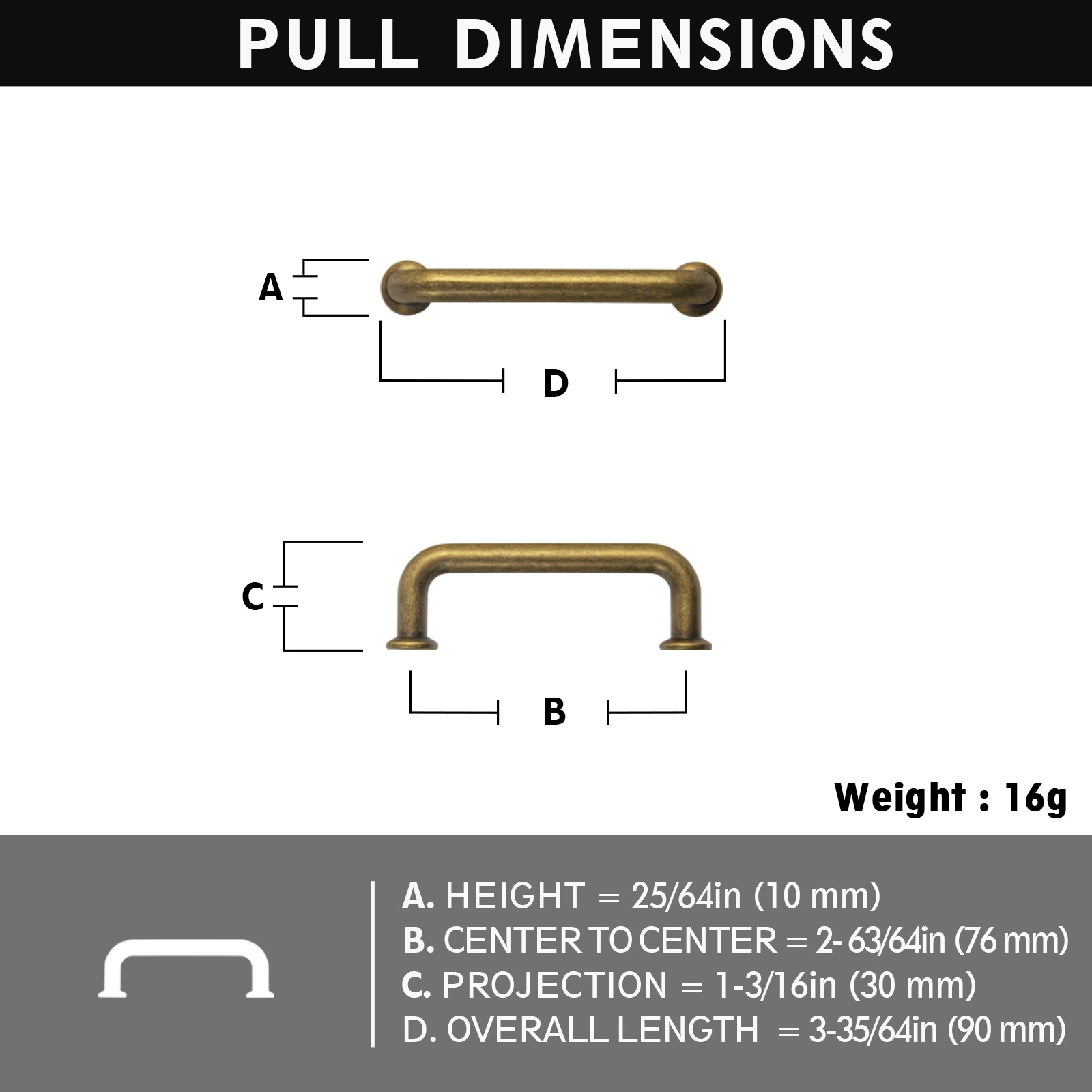 Antique Brass 3-Inch Cylindrical Bar Pull Set with Mounting Hardware