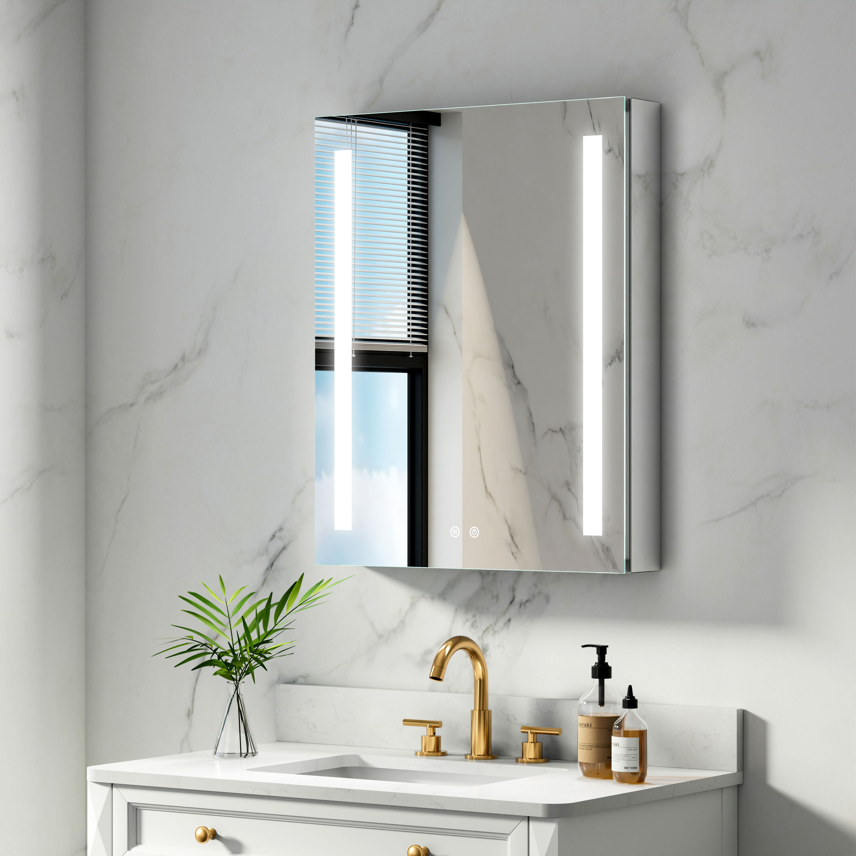 CALVON CLW42430L Vionex 24-in x 30-in Lighted LED Fog Free Surface/Recessed Mount Silver Mirrored Rectangle Soft Close Medicine Cabinet with Outlet