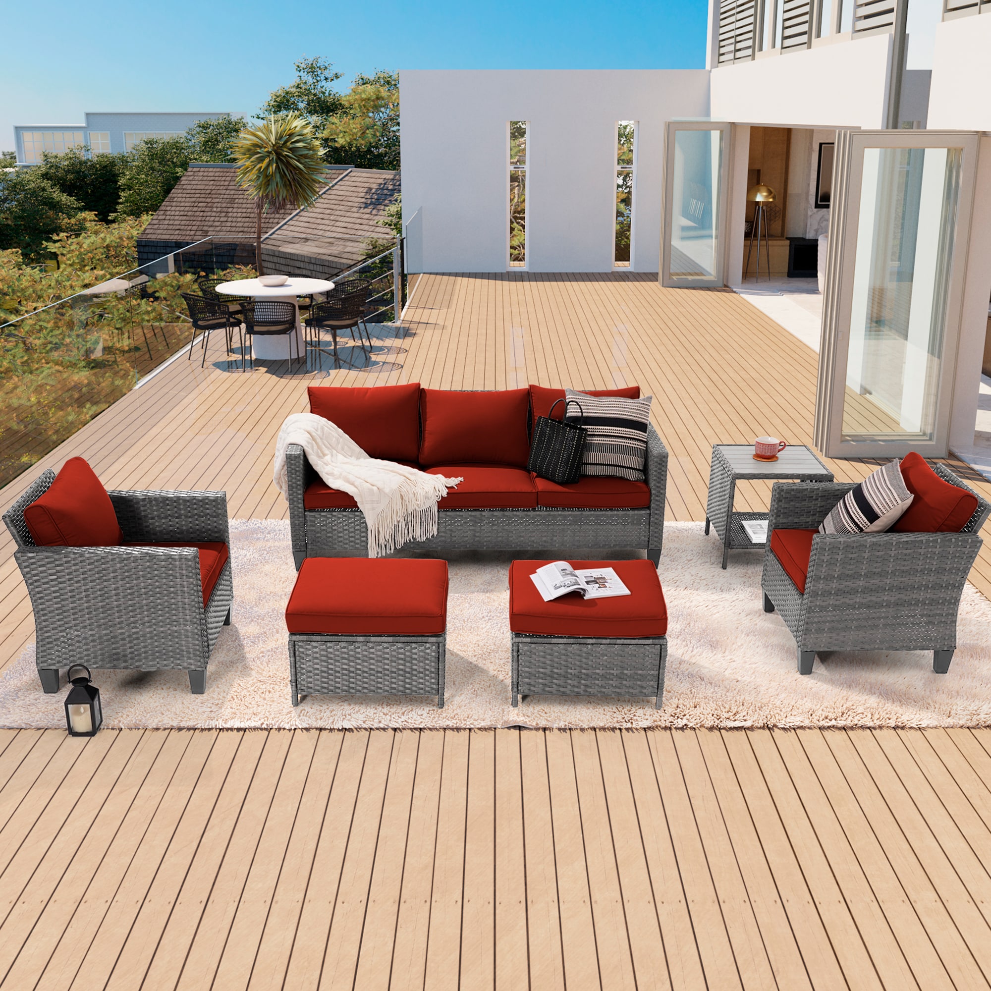 Sonkuki SD-AB-HOG-95T13 6 -Piece Wicker Patio Sofa Conversation Set with Red Cushions