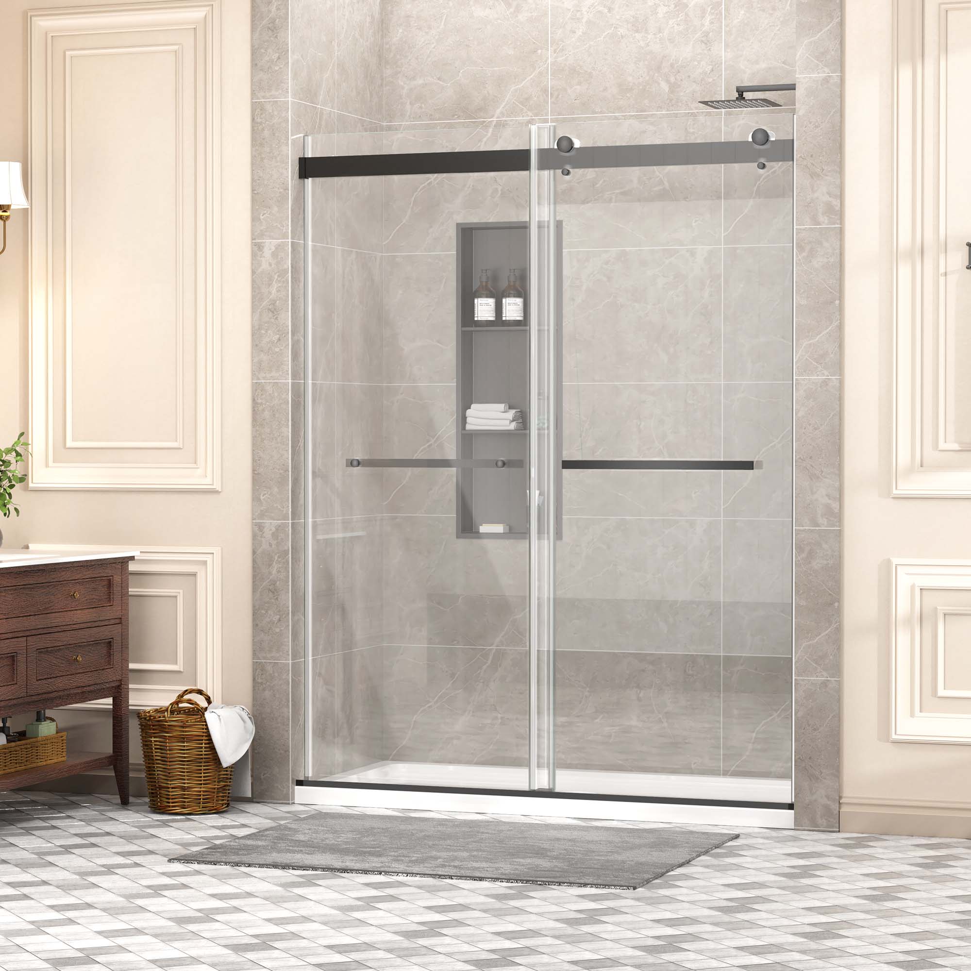 FINDEPOT Frameless Double Sliding Shower Door 56-60 in W x 75 in H - 5/16 in 8mm Clear Tempered Glass - Silent Soft-Close Design - Matte Black Finish