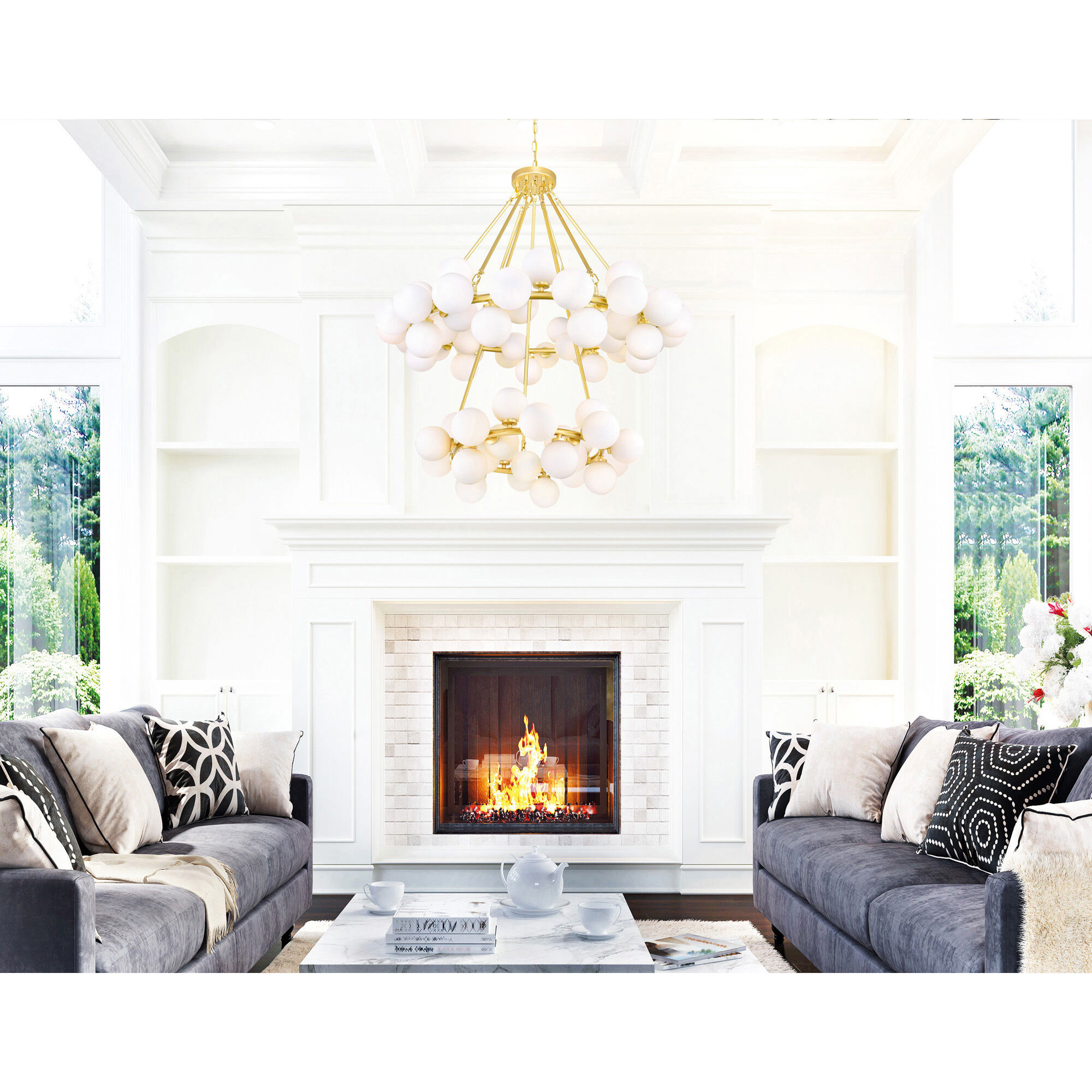 Arya 39" White and Gold Metal Chandelier with Frosted Glass