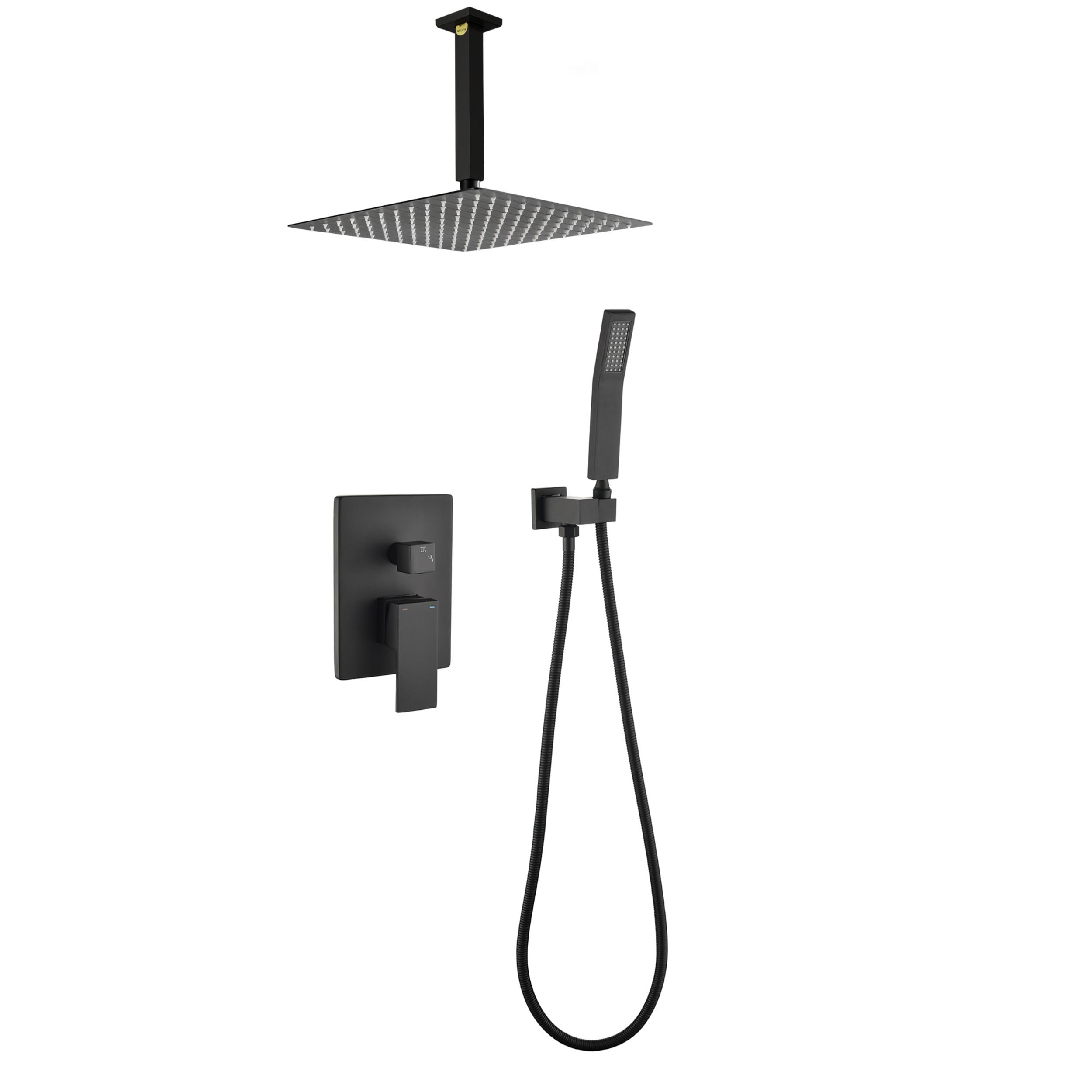Poinic Matte Black 12-in Waterfall Built-In Shower Faucet System with 2-way Diverter ( Pressure-balanced Valve Included )