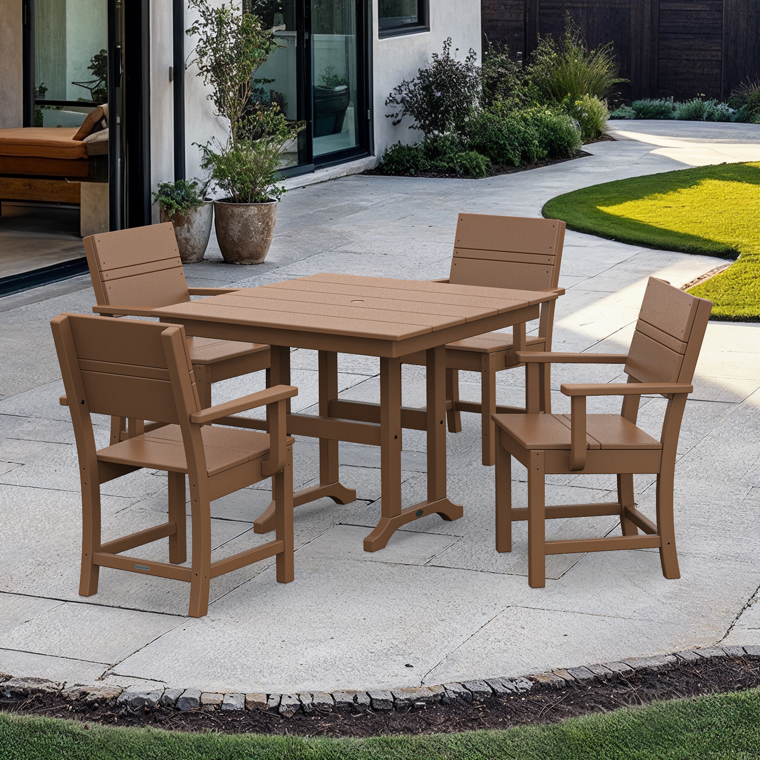 Origin 21 by POLYWOOD PWS2732-1-TE Irving 5 -Piece Teak Patio Dining Set Plastic Square Table with 4 Stationary Chairs