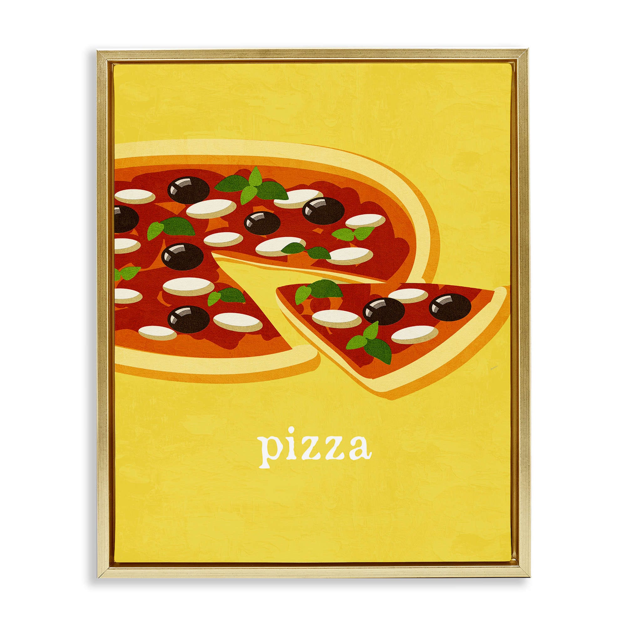 Stupell Industries BS-449-FFG-16X20 Delicious Pizza on Yellow Gold Framed Floater Canvas Wall Art By Kim Allen 17 x 21