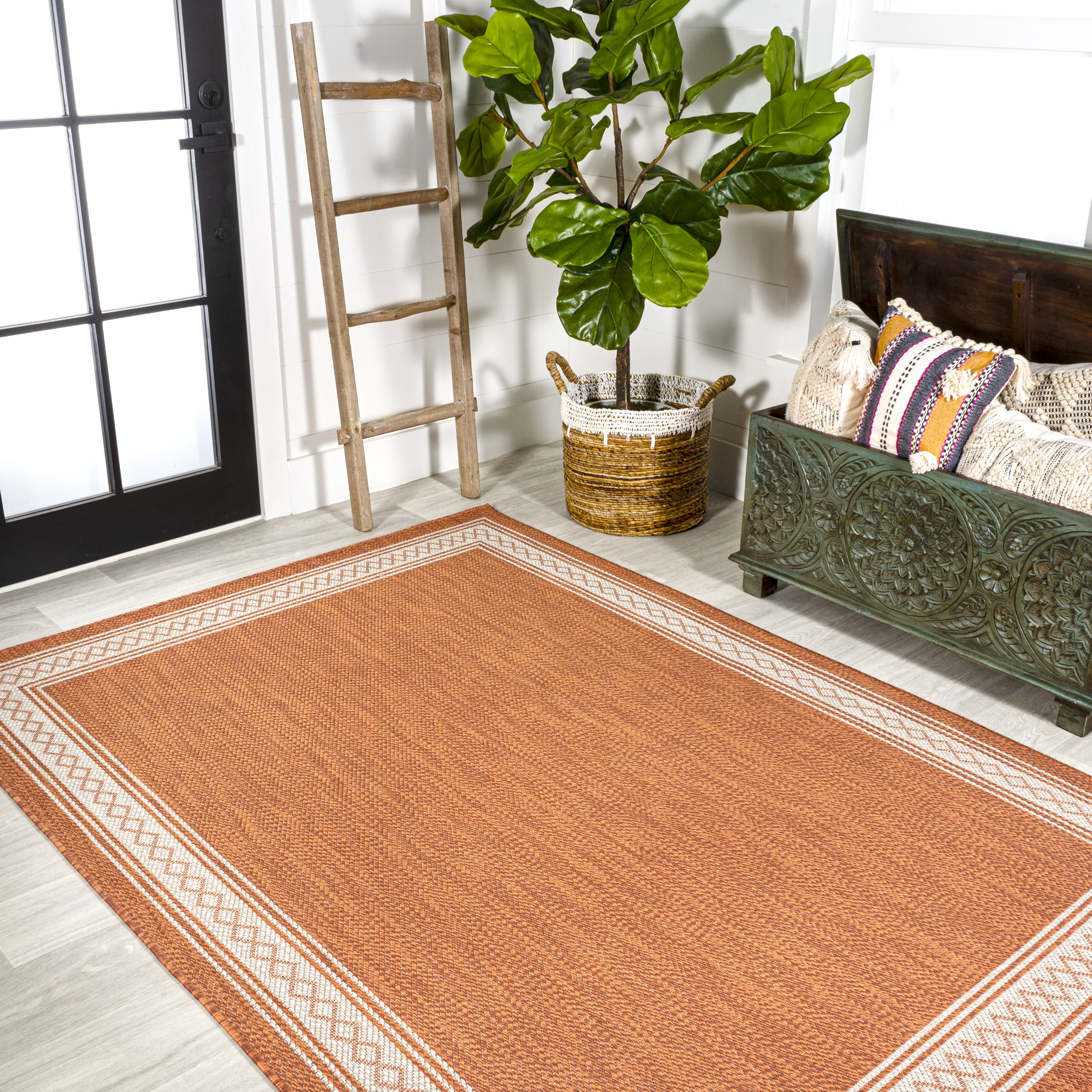 Lucia Cream and Orange Synthetic Indoor/Outdoor Area Rug