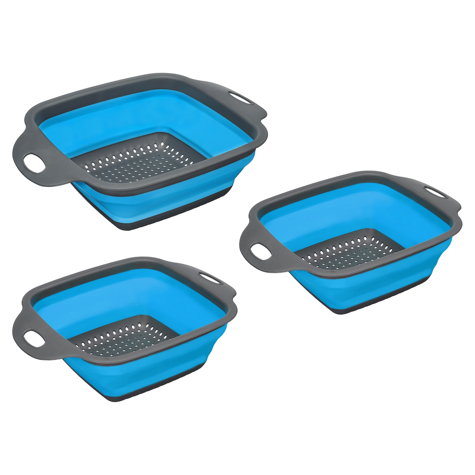Unique Bargains S25111000UX1953 Collapsible Colander Set 3pcs Silicone Square Foldable Strainer Suitable for Pasta Veggies Fruits - Blue 1 Large 2 Small