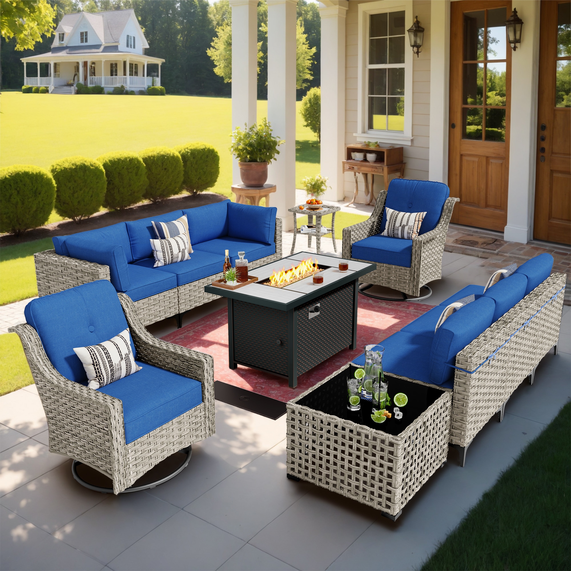 Caodoc L5-CFP03-YZSKT711-1 SKT Rattan Outdoor Sectional with Blue Cushions and Rattan Frame