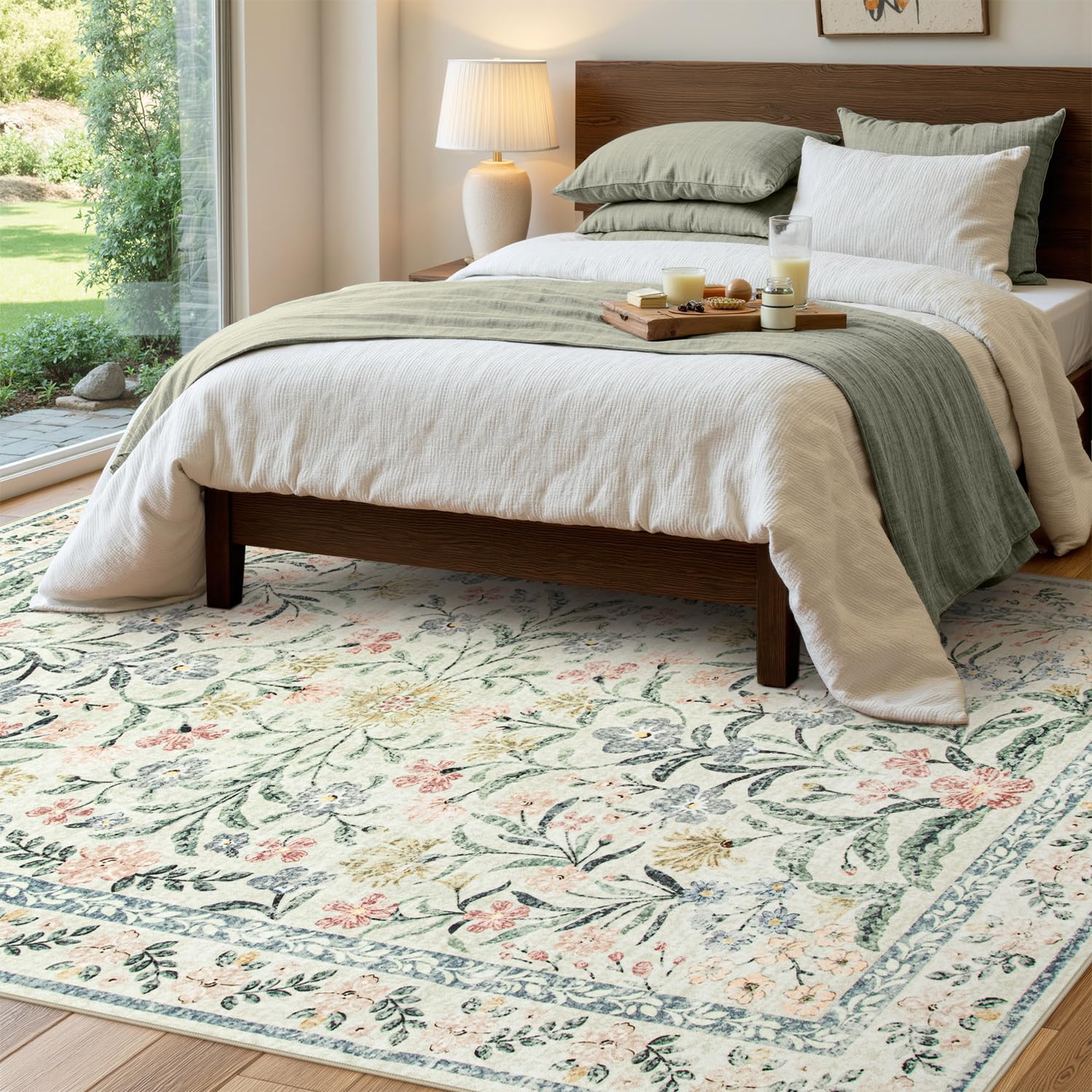 Lahome AR-DYR-189-W3 6 x 9 (ft) White Oriental Fresh Floral Short Pile Velvet Rectangular Indoor Area Rug