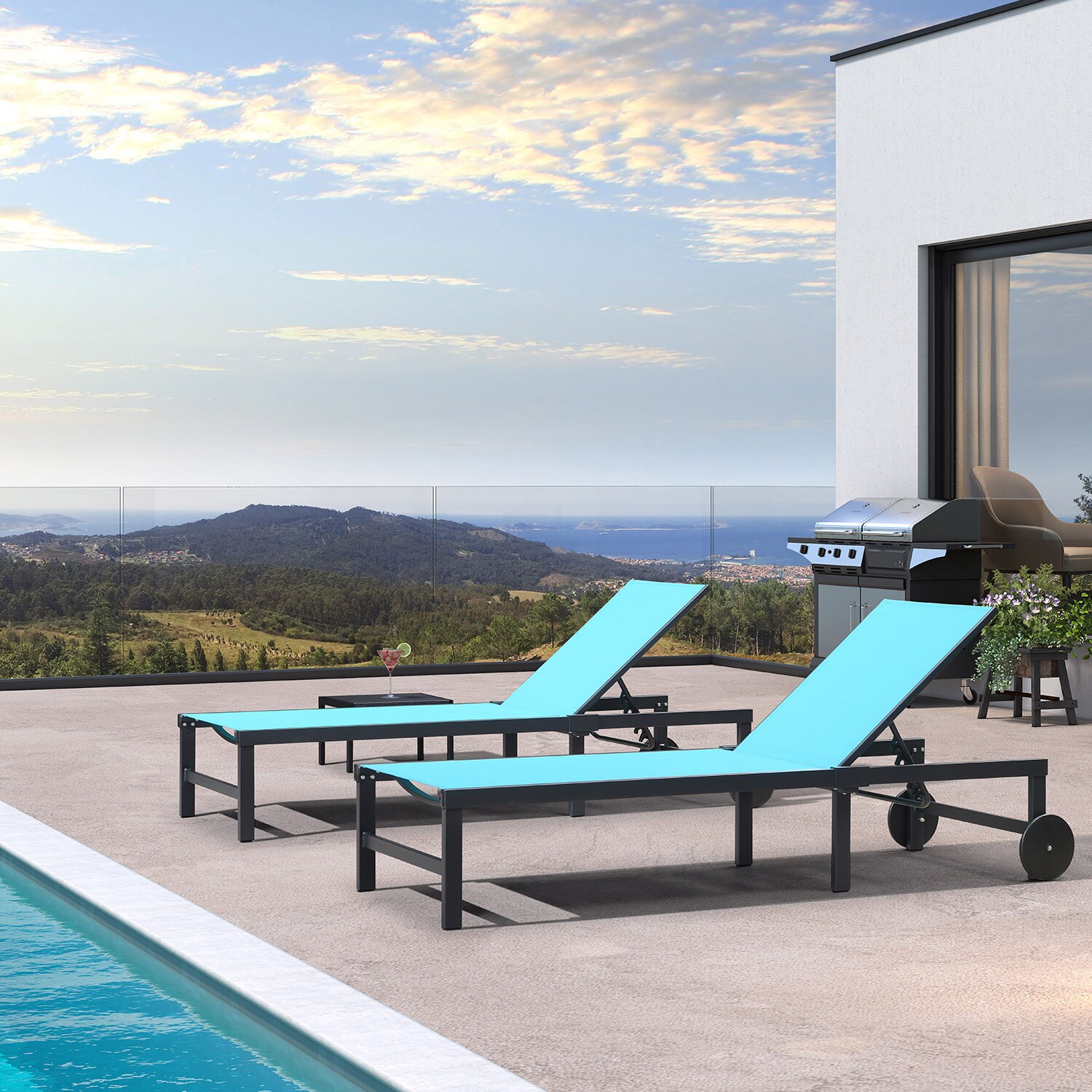 PURPLE LEAF LS06CLSSJ-BL Outdoor Chaise Lounge with Wheels and Table Set of 2 Woven 2 chairs+table Aluminum Frame Stationary Chaise Lounge Chair with Blue Woven Seat