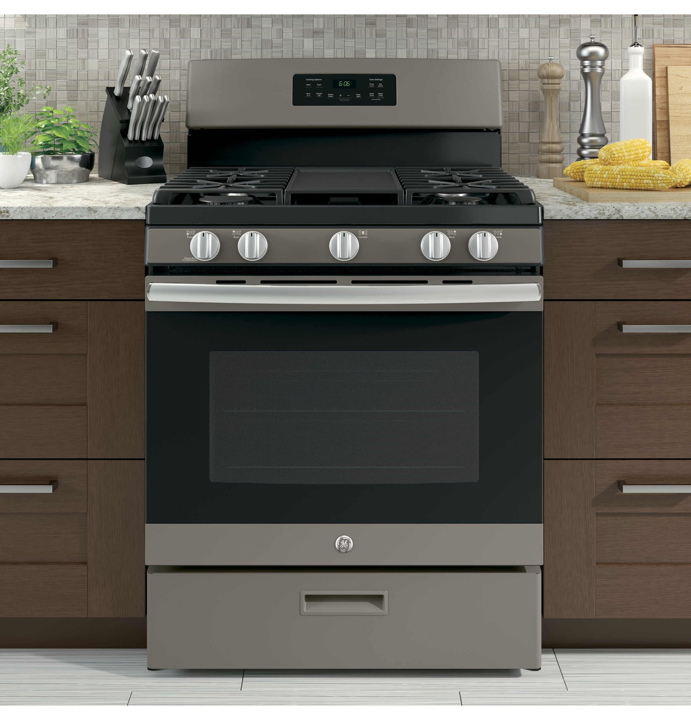 GE® 5.0 Cu. Ft. Self Cleaning Fingerprint Resistant Slate Gas Convection  Range with Air Fry