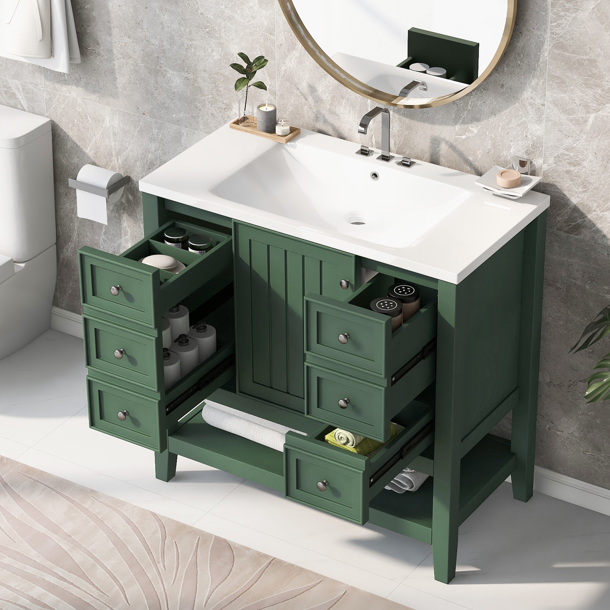 Tatayosi T-P246500G 36 inch Green Bathroom Vanity with Ceramic Sink Adjustable Storage Solid Wood Frame and Open Shelf