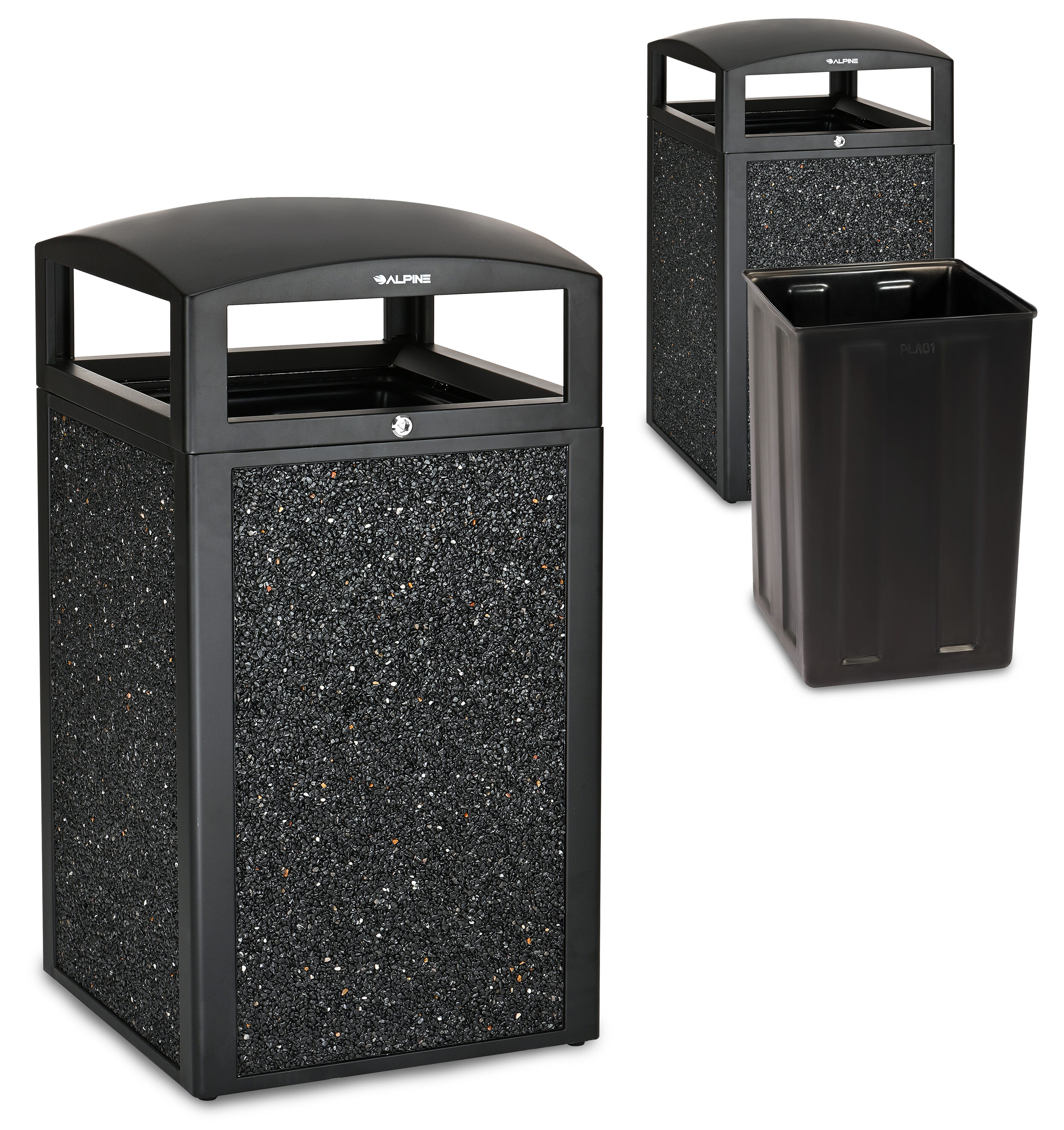 Alpine Industries 40 Gallon Grey Stone Panels Steel All-Weather Commercial Outdoor Trash Can with Lid and Removable Liner