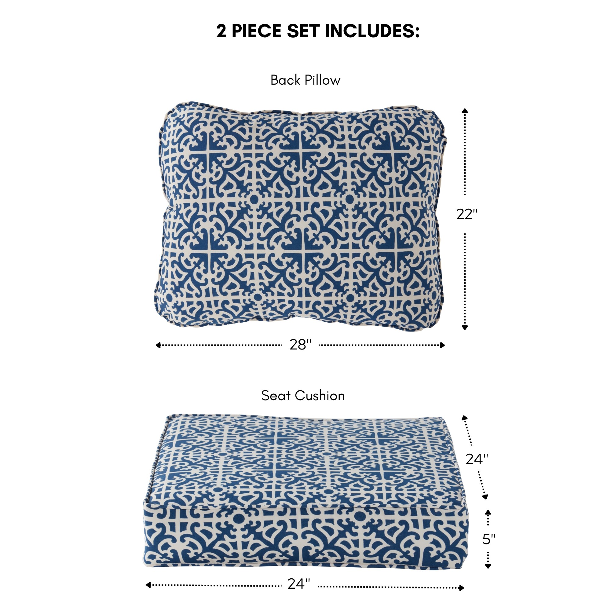 Indigo Lattice 24" Box Foam Fill Outdoor Chair Cushion Set