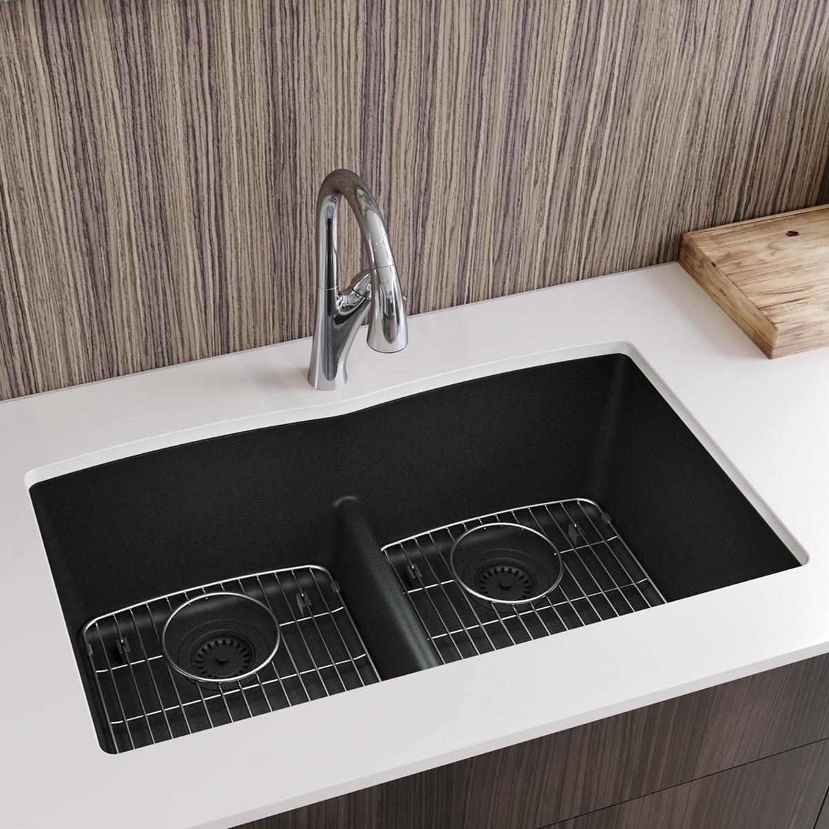 Black Quartz Double Bowl Undermount Kitchen Sink