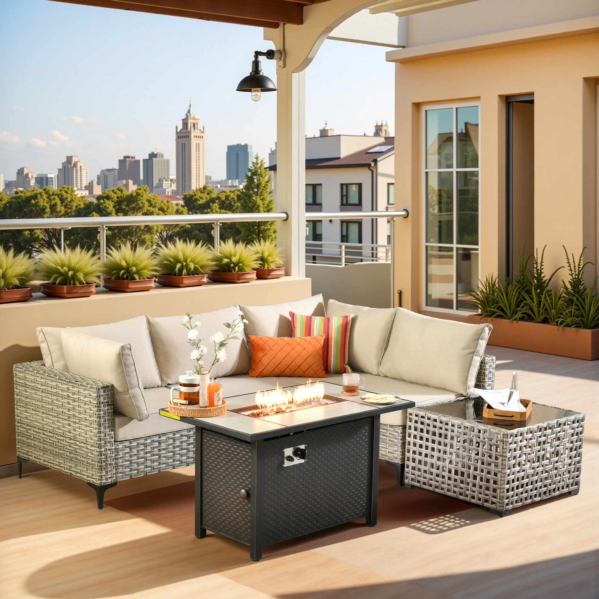 Pouuin CFPSKT605 Wicker Outdoor Sectional with Beige Cushions and Wicker Frame
