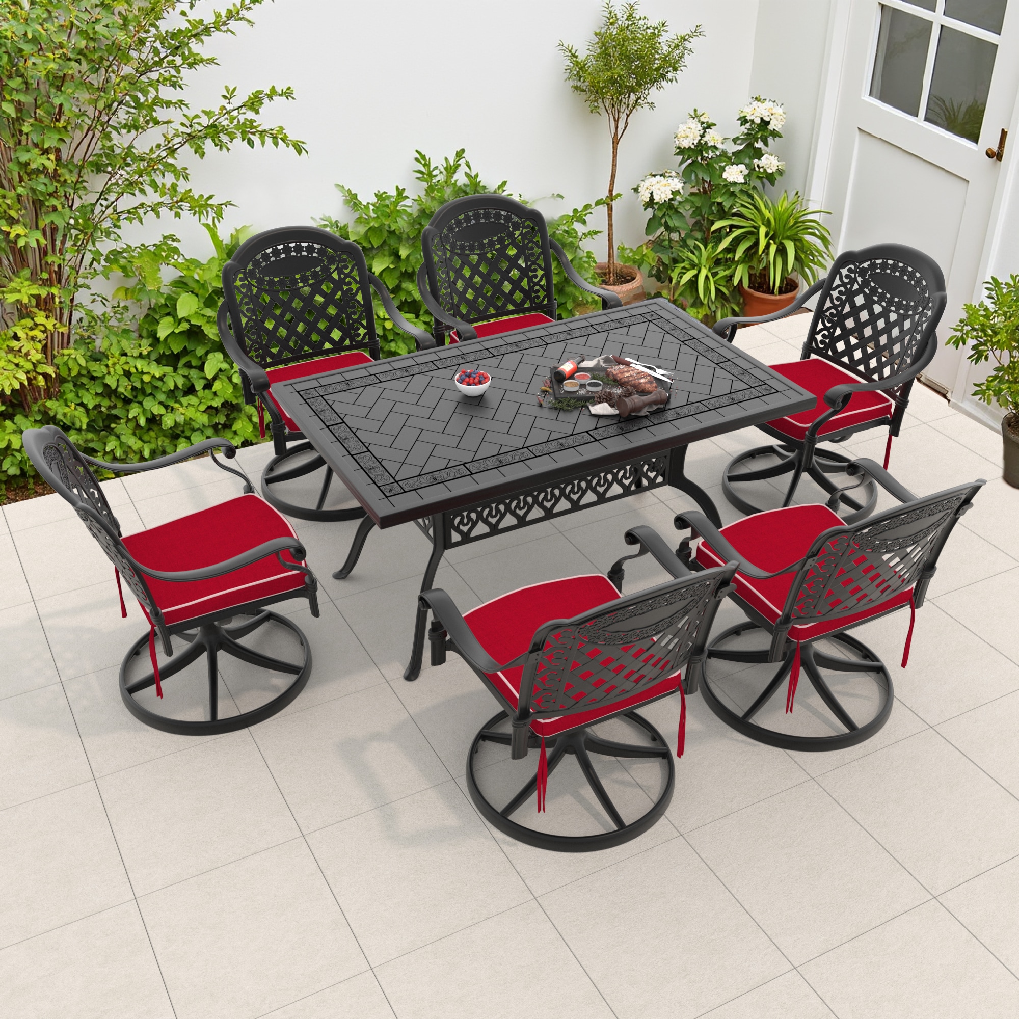 nicesure SLBK6008SC6A1165 7 -Piece Black Patio Dining Set Aluminum Rectangle Table with 6 Cushions Swivel Rocker Chairs