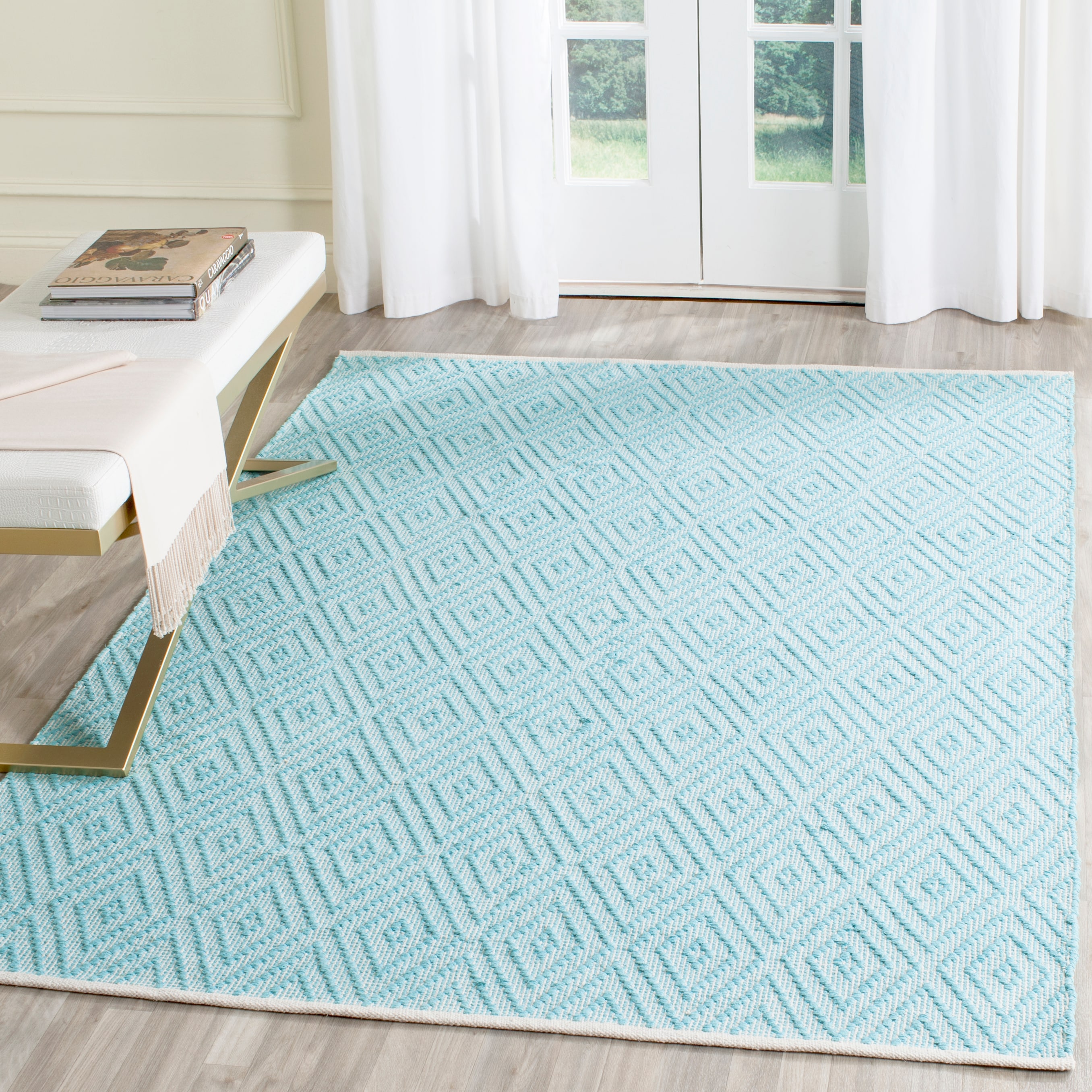 Safavieh MTK811H-57 Montauk Brighton 5 x 7 (ft) Cotton Turquoise/Ivory Rectangular Indoor Geometric Coastal Area rug