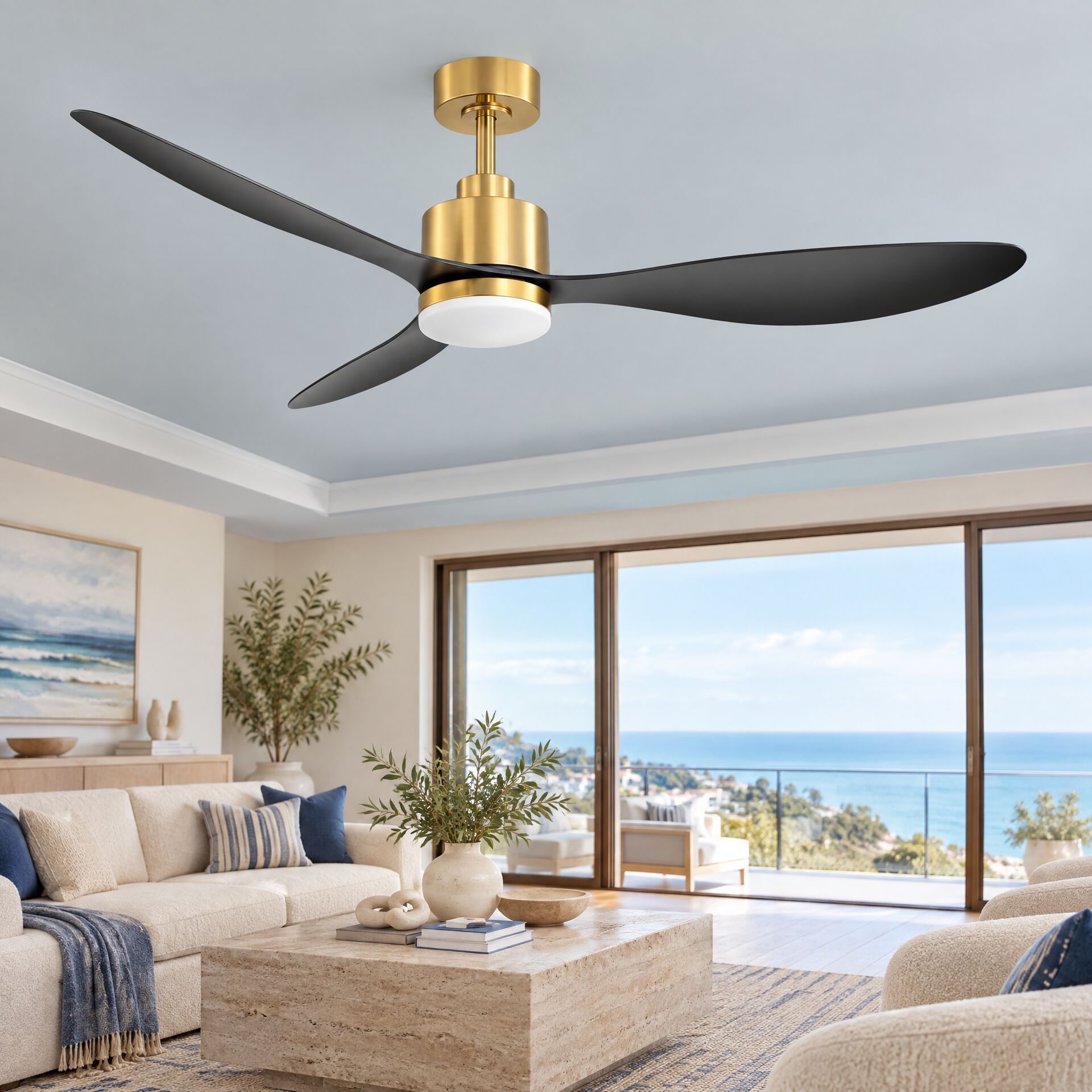 Airsurfer 52 Inch Black with Gold ABS Blades LED Indoor Downrod Mount Reversible DC Motor Modern Ceiling Fan with Light and Remote Control Included ( 3-Blades)